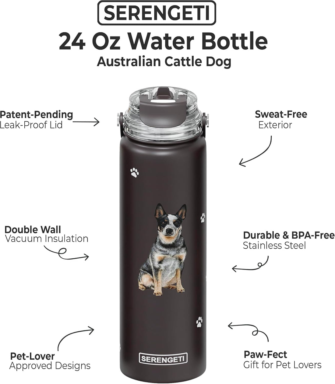 SERENGETI 24 Oz Water Bottle Stainless Steel with Spill Proof Lid
