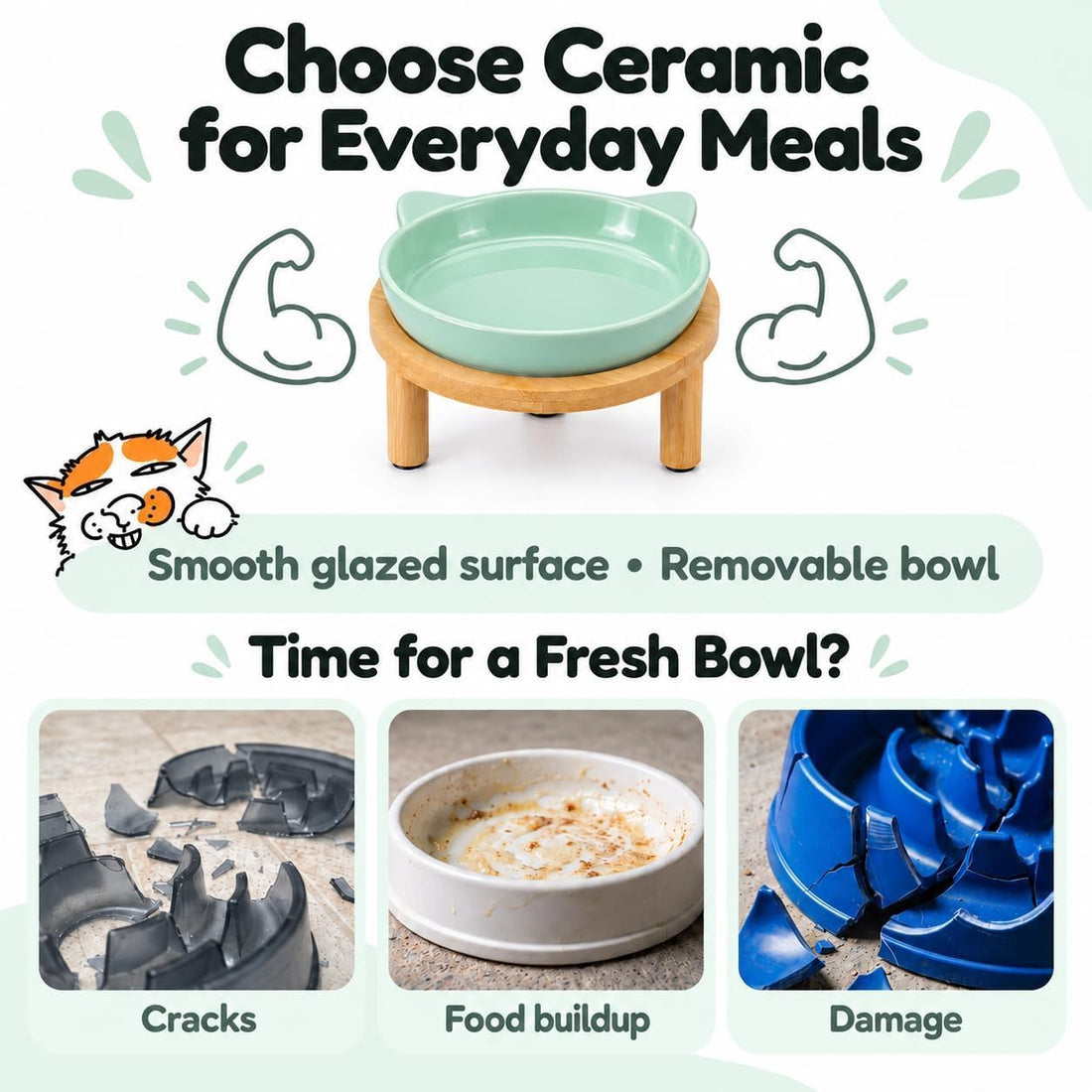 2 Pack Elevated Ceramic Cat Bowls with Bamboo Stand for Cat Bowl