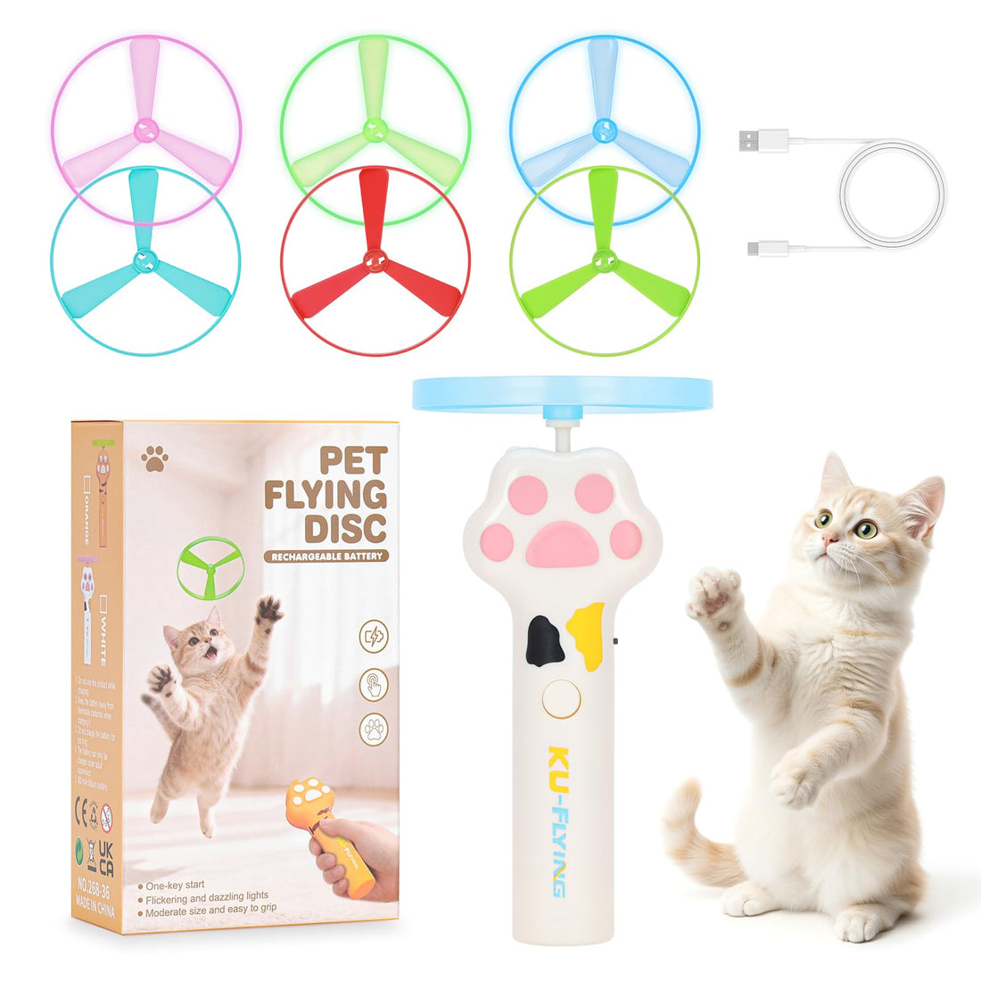 AGIFTMIND Cat Fetch Toy, Rechargeable Flying Disc Launcher with 6