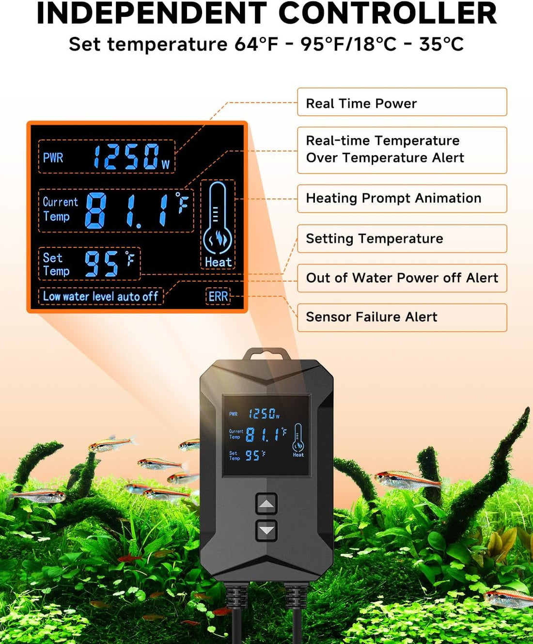 AQQA Aquarium Heater 800W/1000W/1200W/1400W Fish Tank Heater