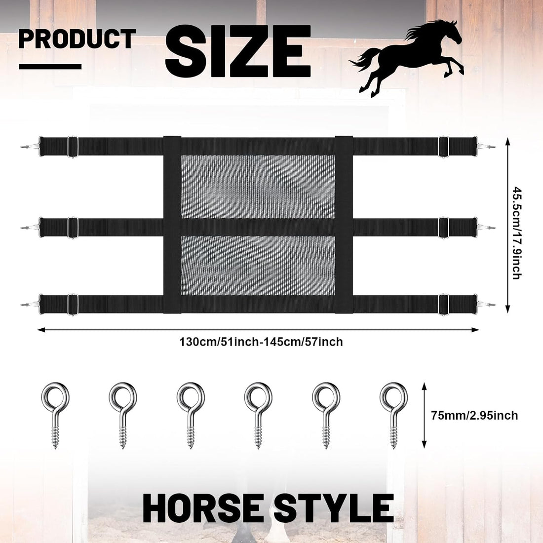 Horse Stall Guard, 57 x 18 Inch Adjustable Nylon Black Mesh Gate