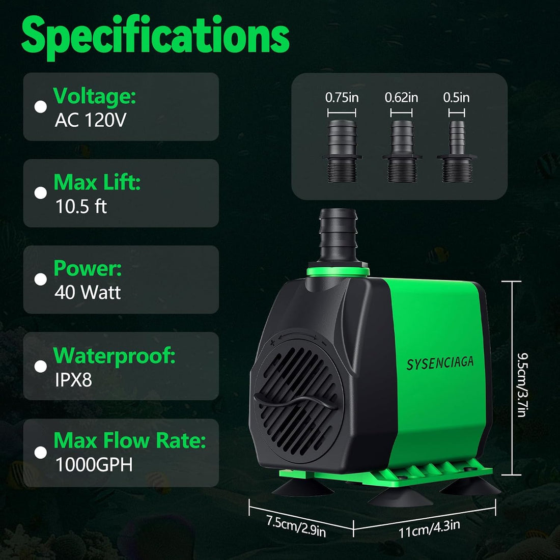 40W Fountain Submersible Water Pump 1000GPH
