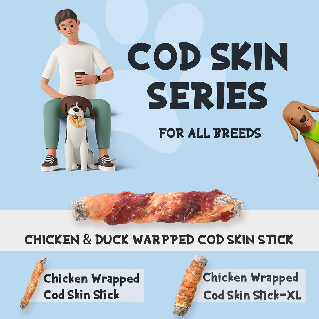 ASMPET Dog Cod Skin Treats, Chicken & Duck Wrapped Cod Skin Sticks