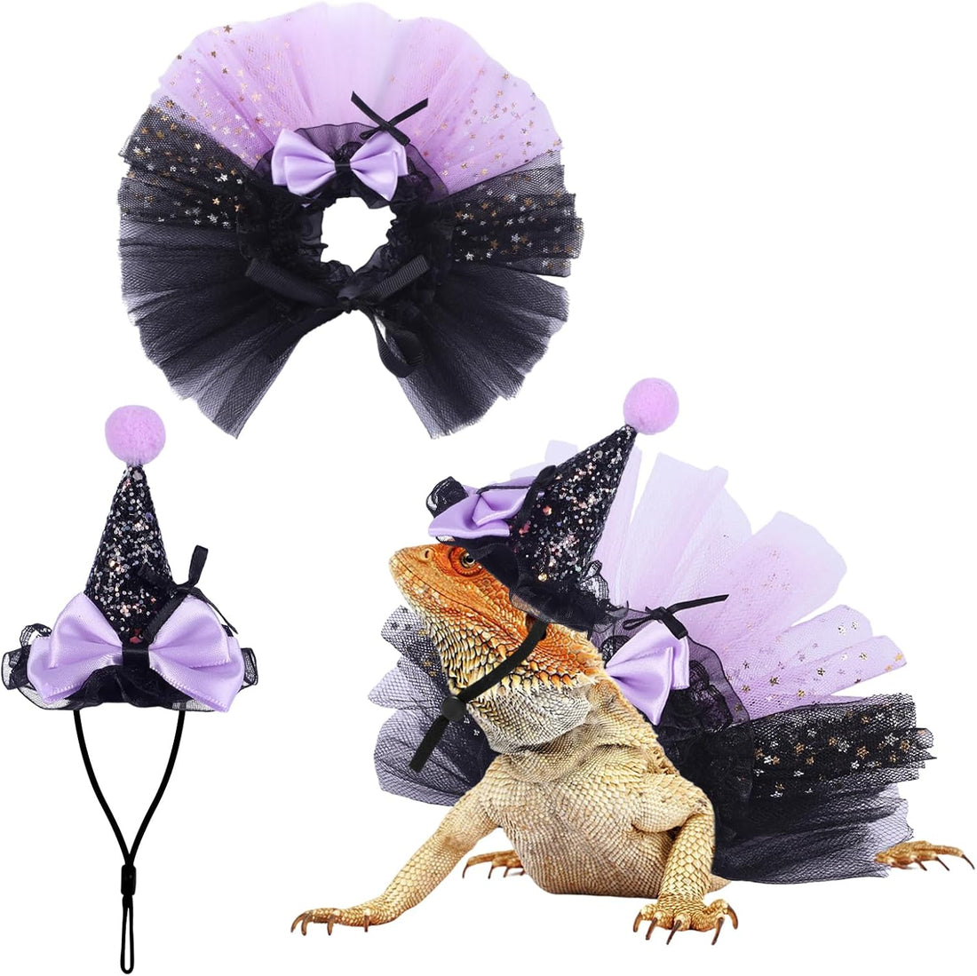 2pcs Bearded Dragon Witch Costume Set Small Pet Adjustable Hat Bow