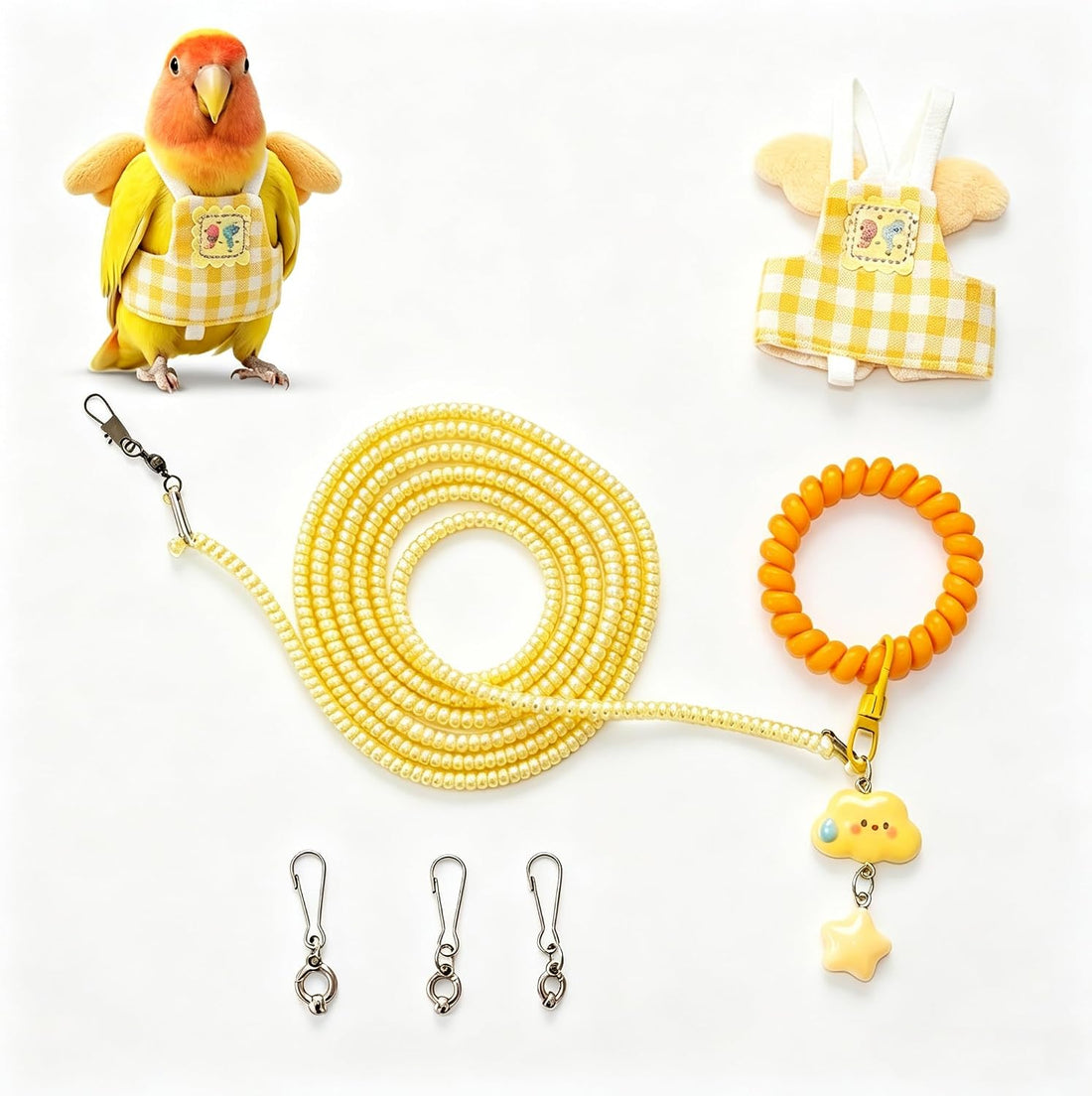 Dual-Use Bird Harness & Bungee Leash Set w/Wings, 3 Rings, Yellow