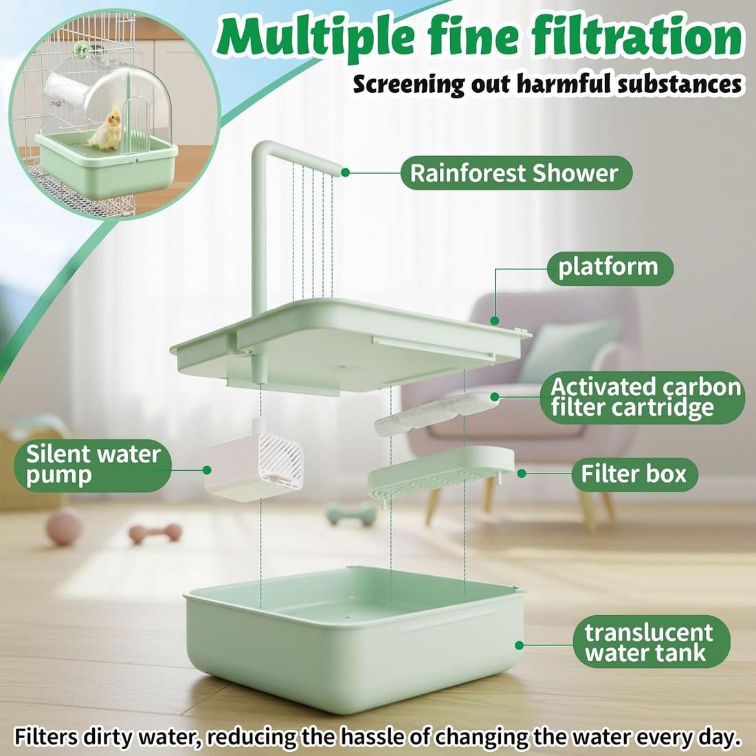 Maxdot Automatic Bird Bath for Cage Electric Bird Shower with Pump