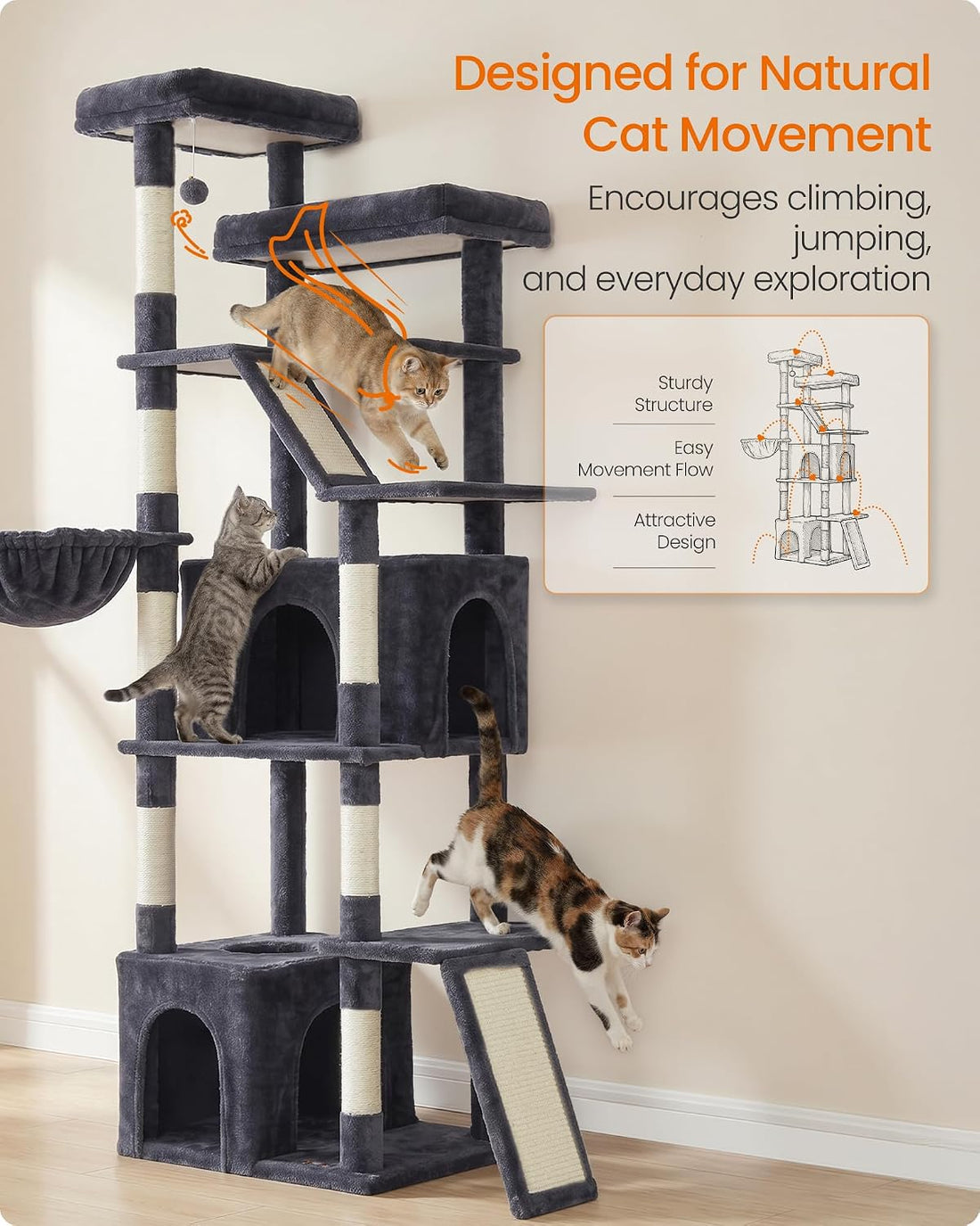 Feandrea Large Cat Tree, 72.6" Tall Sturdy Cat Tower for Indoor