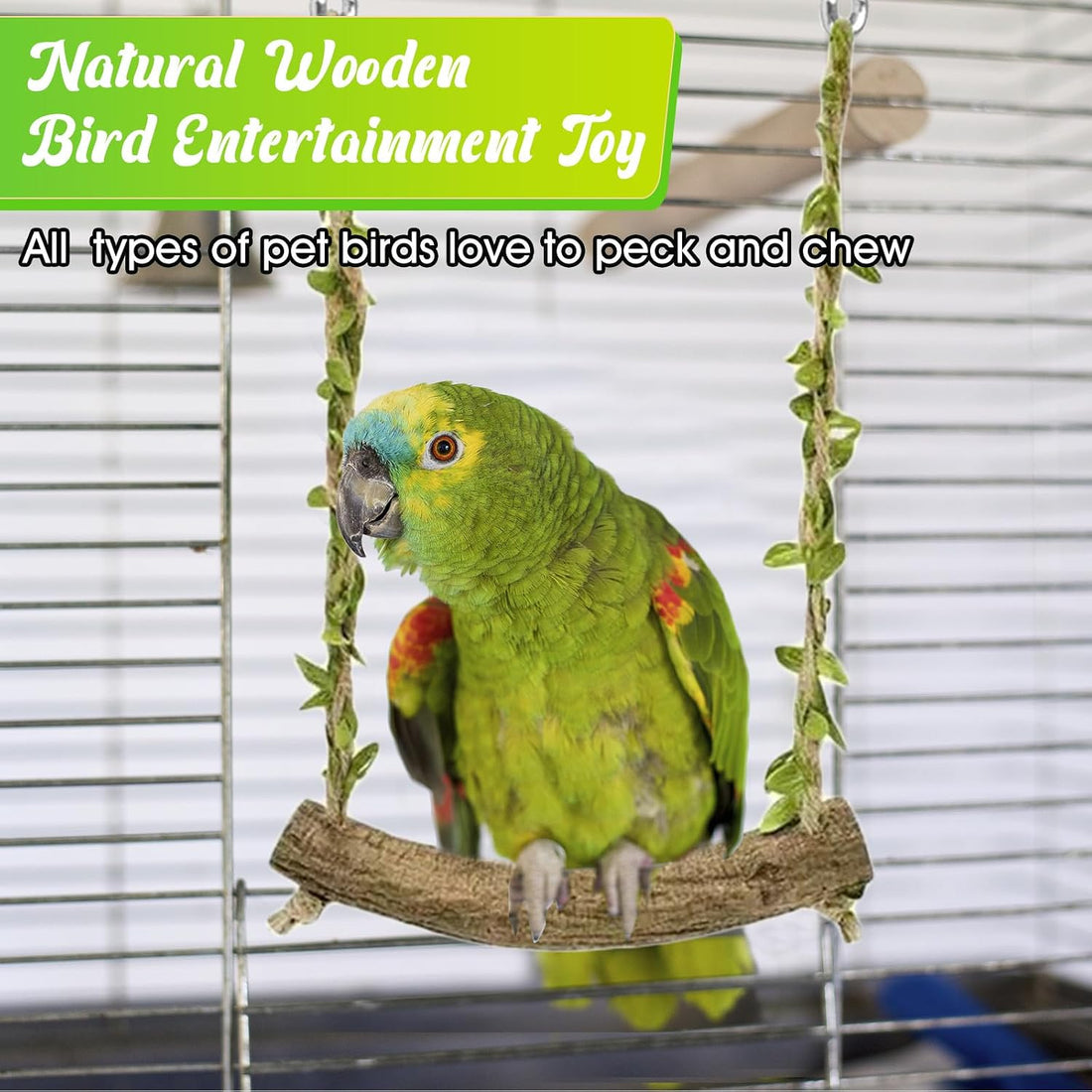 Hiwzitar Natural Wood Bird Swing Perch with Decorative Leaves