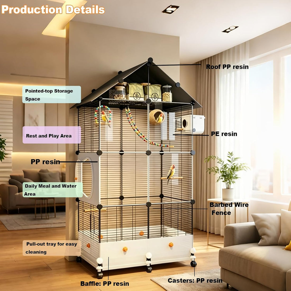 60" H Large Bird Cage for Parrots, Parakeet Cage with Top Storage