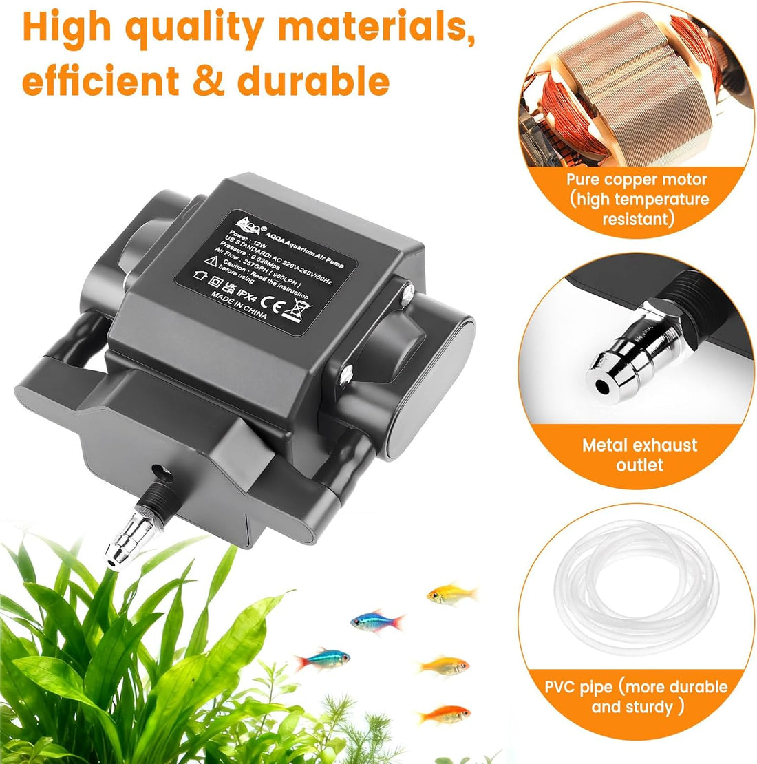 AQQA Aquarium Air Pump, 18W, 400GPH