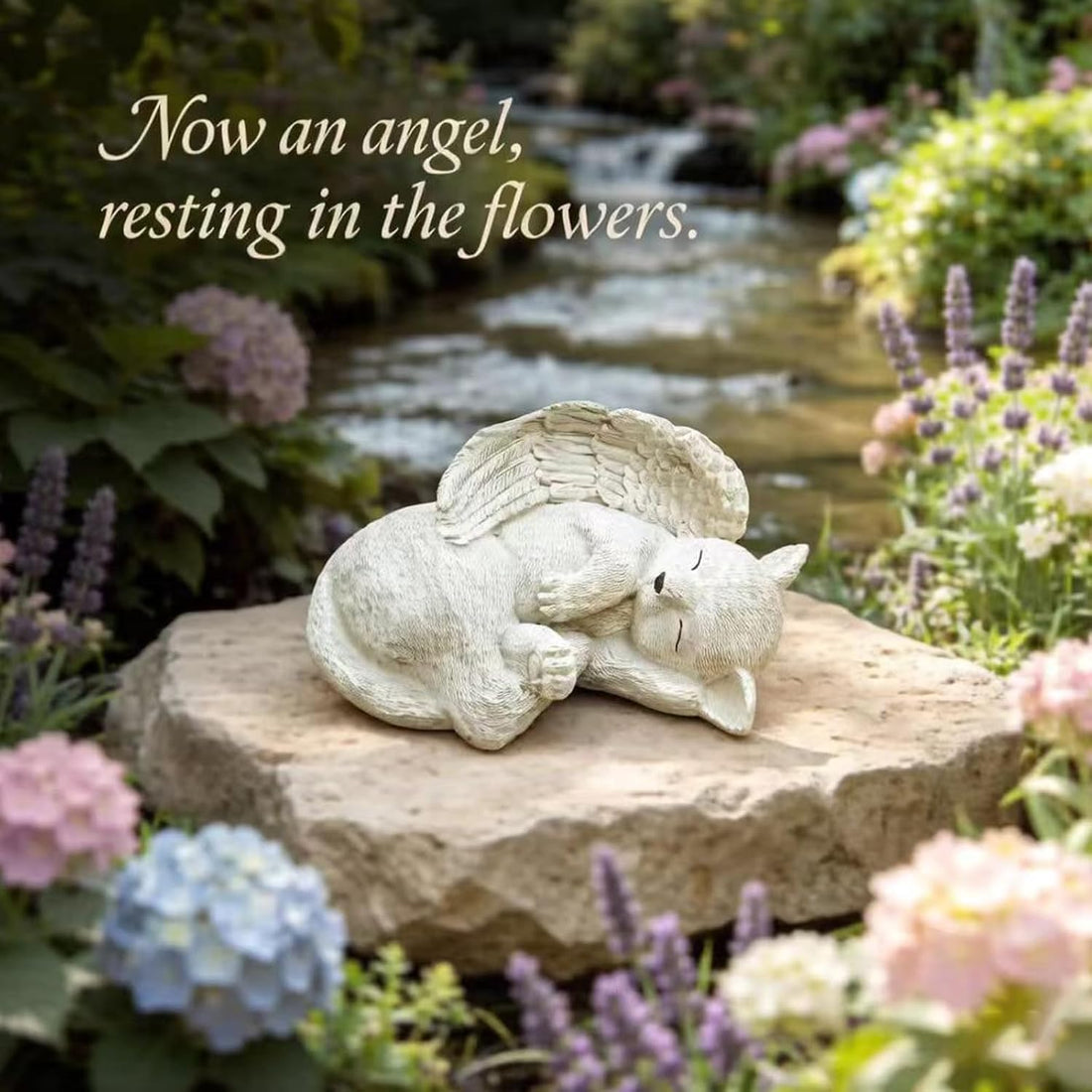 Sleeping Angel Cat Memorial Statue, Resin Figurine with Wings