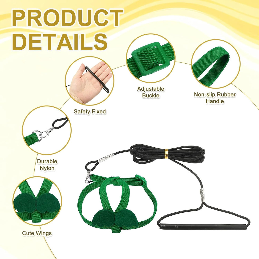 Adjustable Bird Harness Leash, Anti-Bite, S, Green