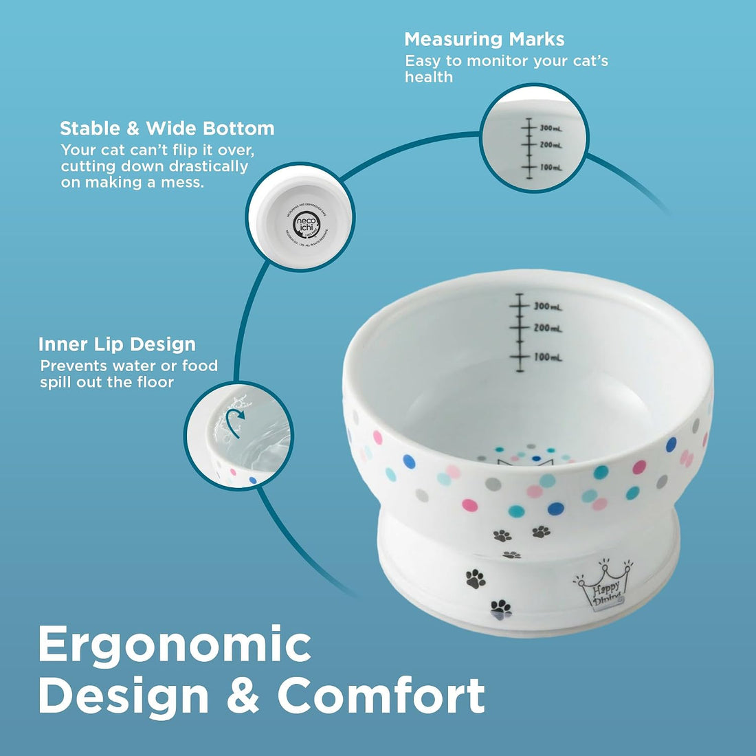 Necoichi Porcelain Elevated Cat Water Bowl, Whisker-Friendly