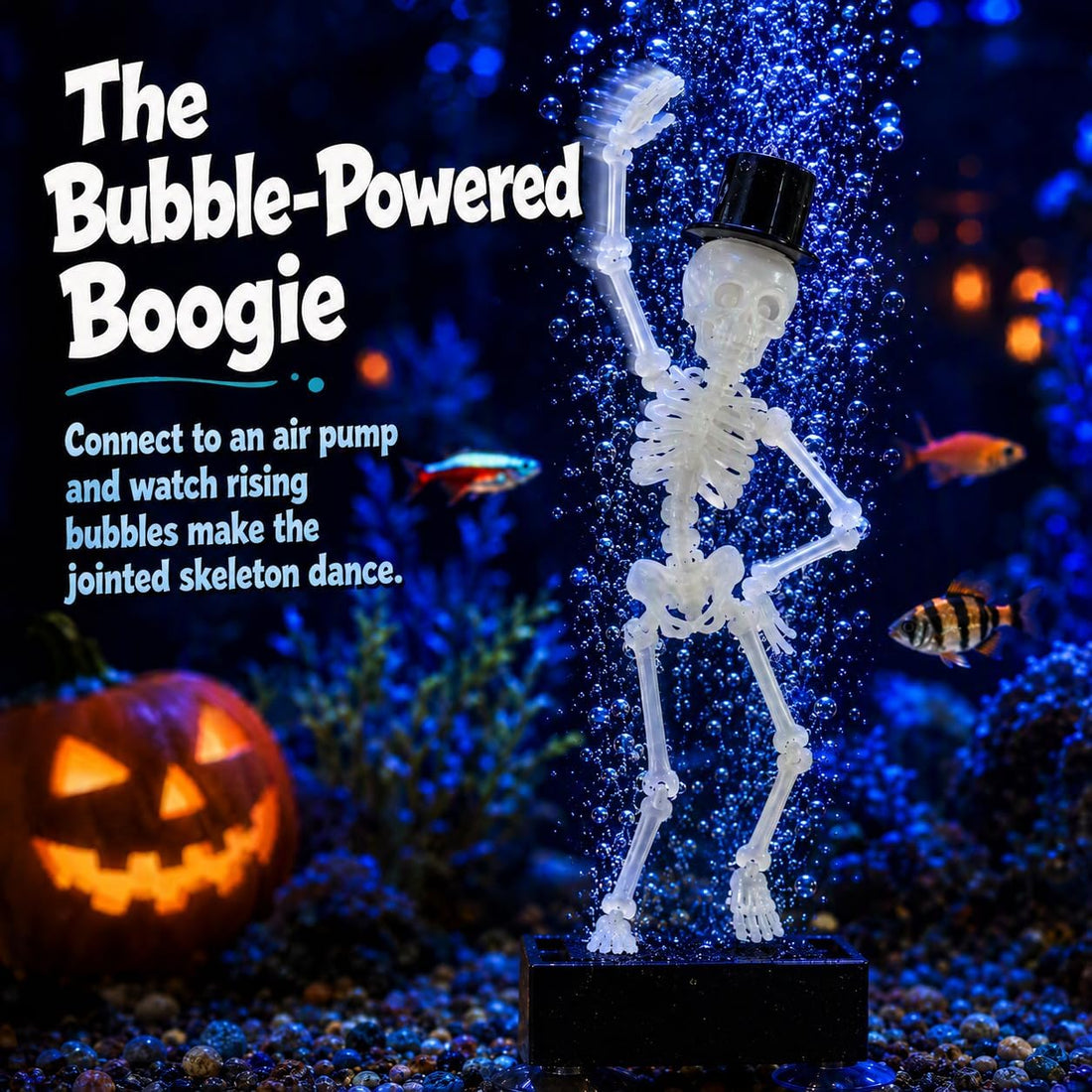 Fluorescent Green Dancing Skeleton Aquarium Bubbler with 3.3 ft Hose