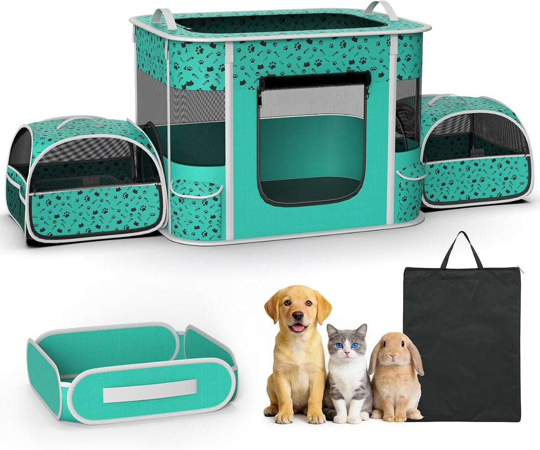 Portable Cat Playpen with Litter Box 3-Room, Soft Pet Cage Crates
