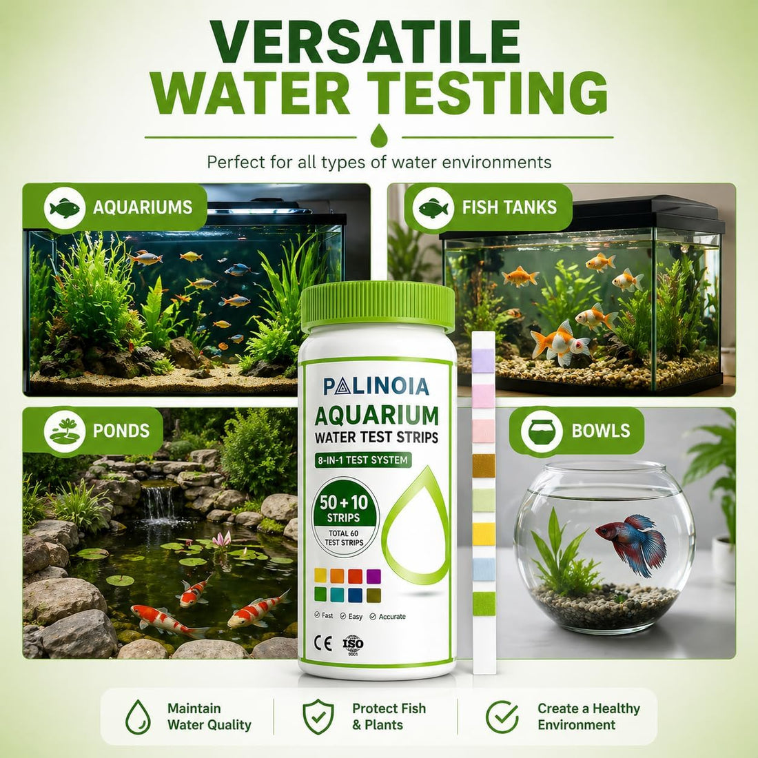 Palinoia 8-in-1 Aquarium Water Test Strips, 60 Count