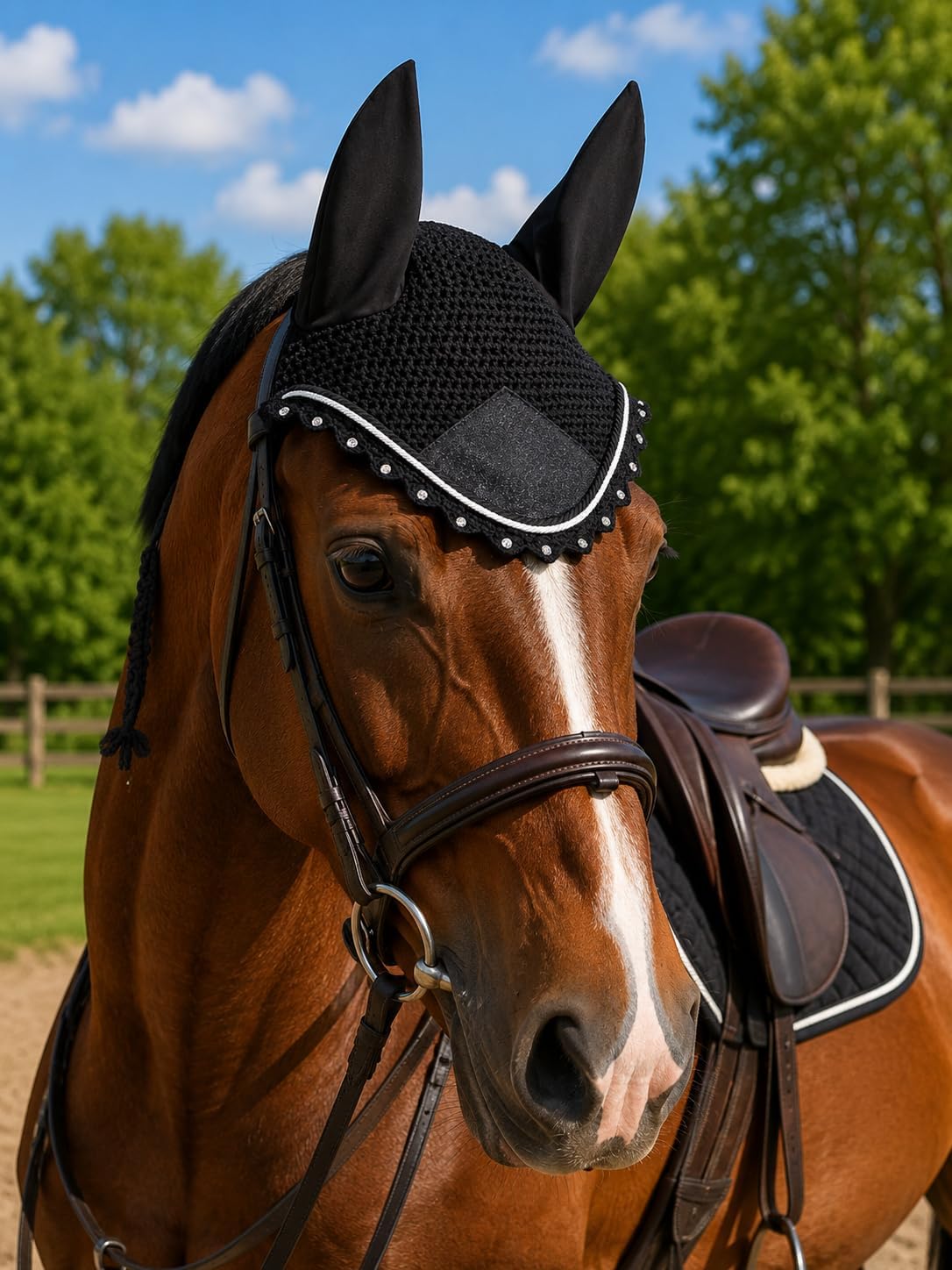 Horse Ear Bonnet for Horses – Handmade Crochet Fly Veil with Crystal