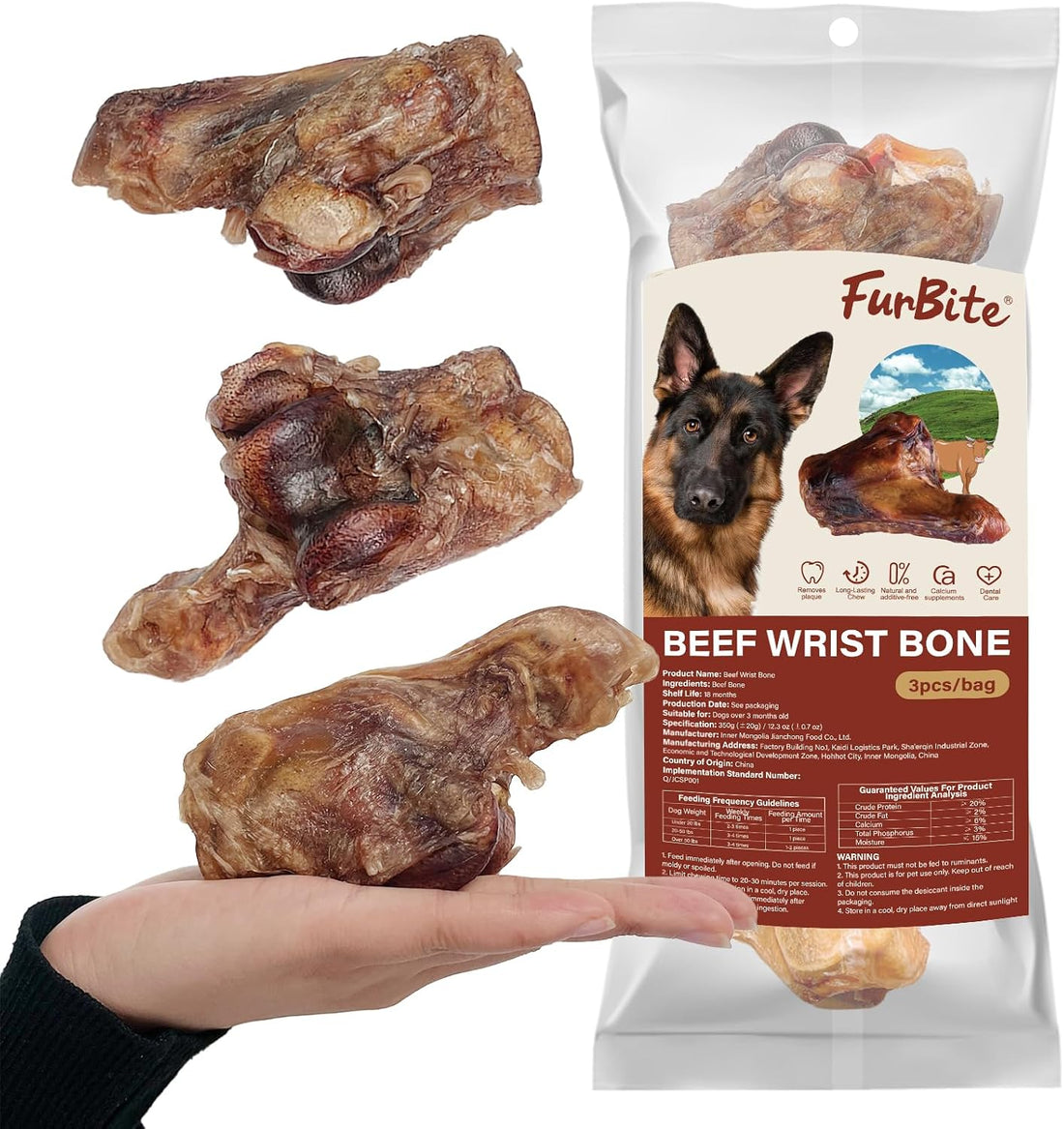 3 PCS Single Ingredient Beef Wrist Bones for Dogs