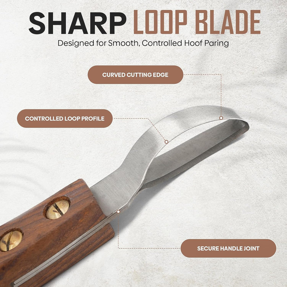 Equine Care Farrier Loop Hoof Knife, J2 Stainless Steel, Wood Handle