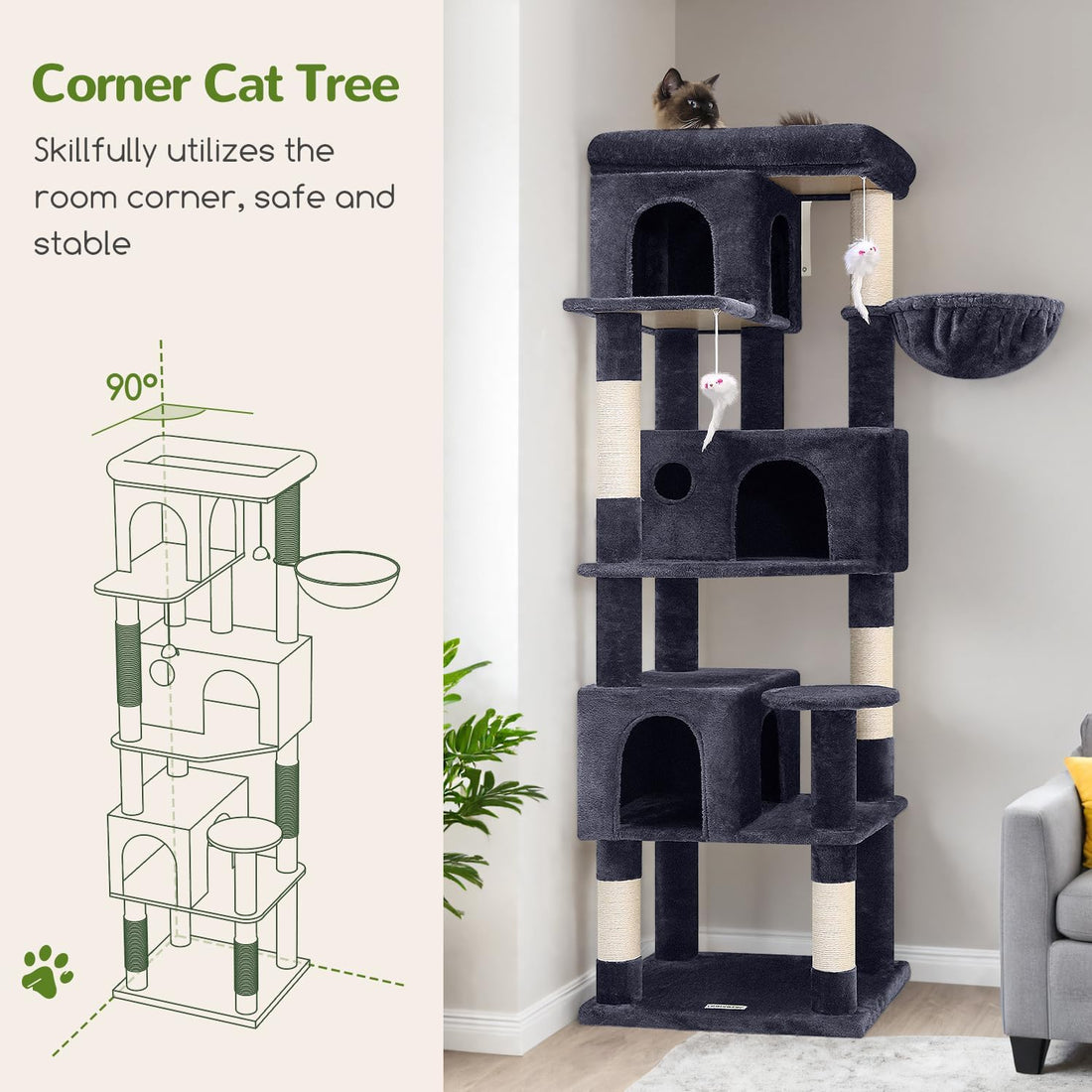 Globlazer F66 Corner Cat Tree, 66in Multi-Level Climbing Tower