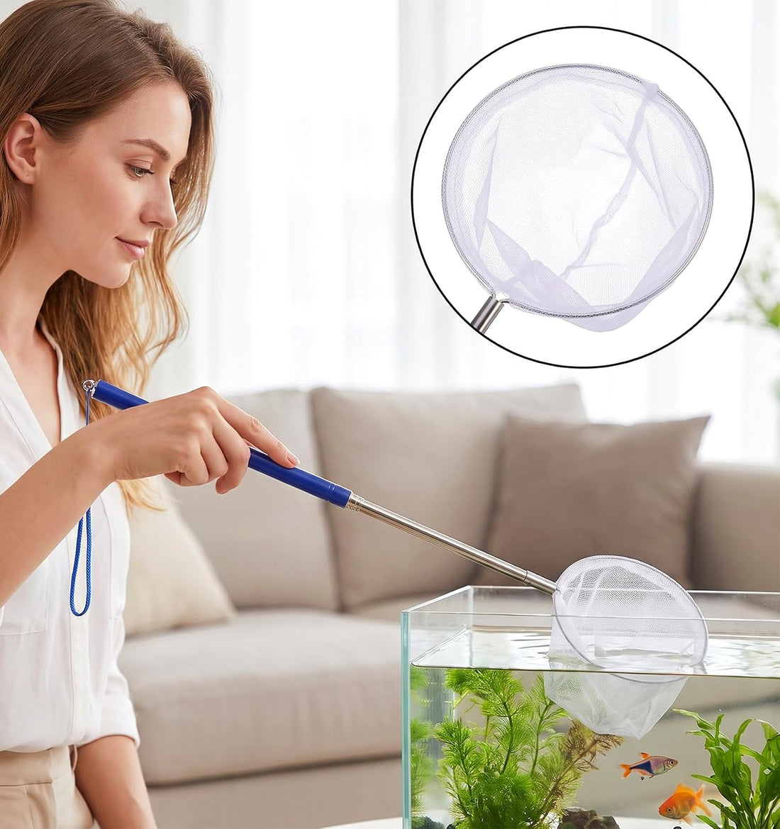 Fish Tank Net Small, Aquarium Fish Tank Net Long Handle (Blue)