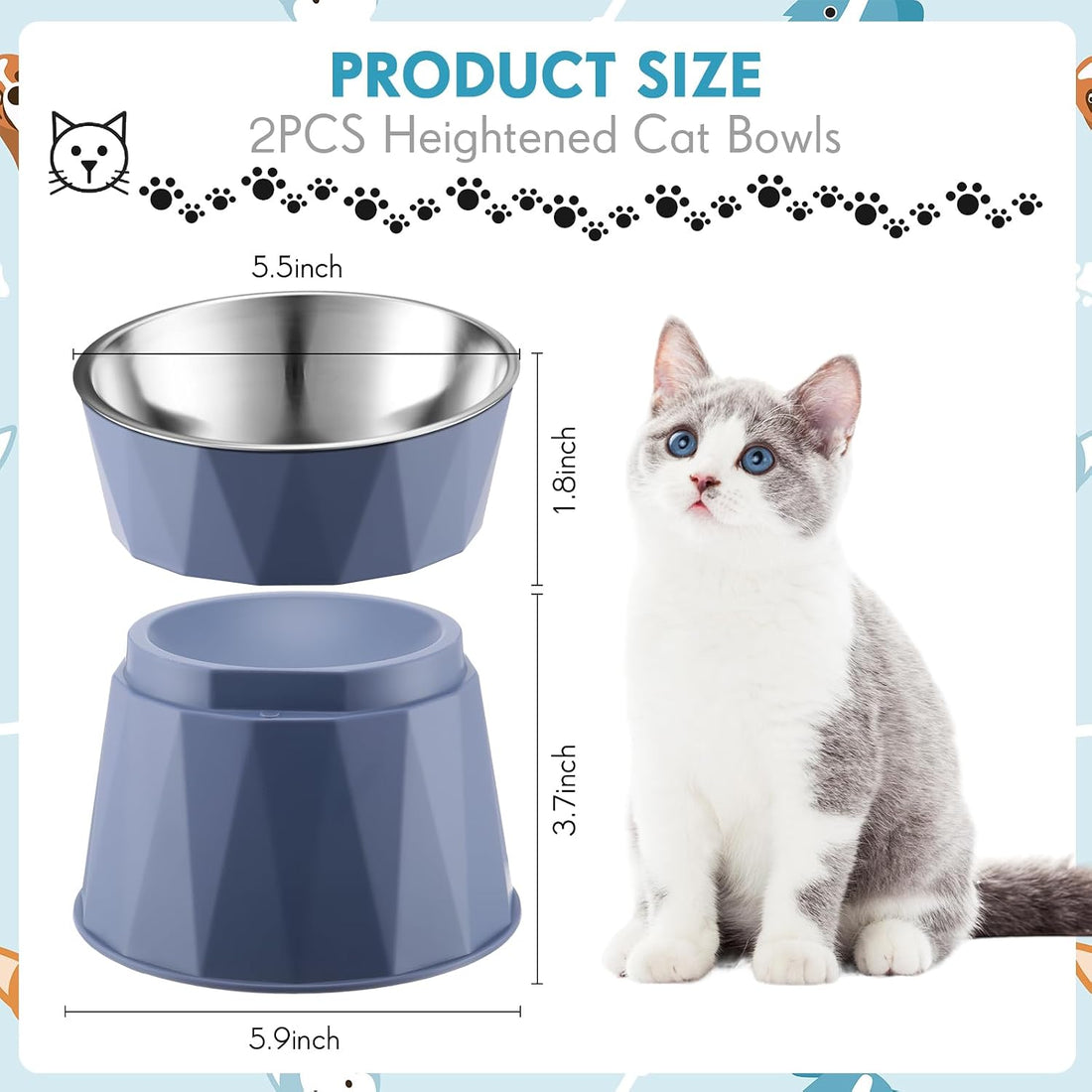 Lallisa 2 Pcs Elevated Cat Bowls Adjustable Raised Cat Feeder Non