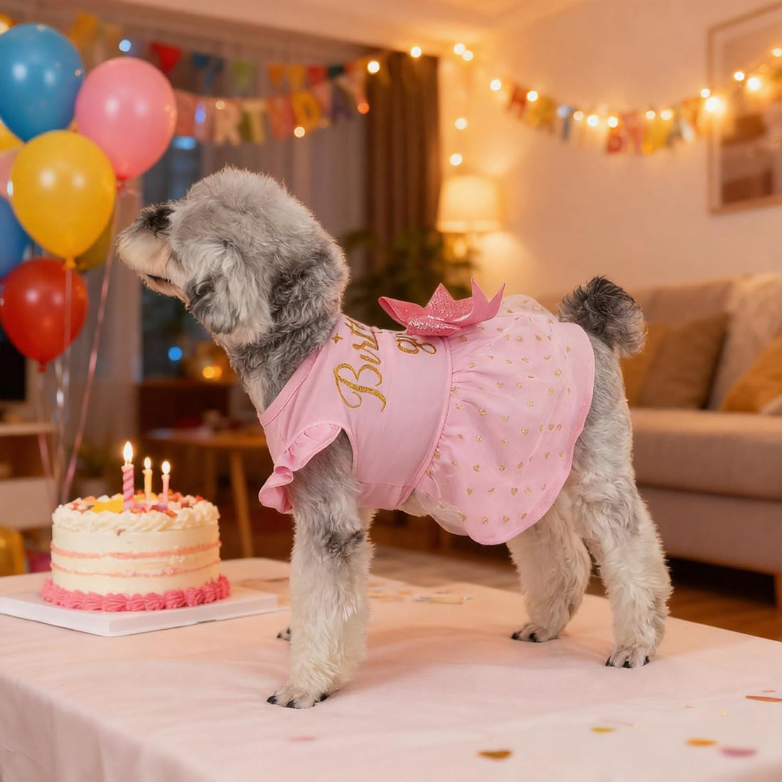 Dog Birthday Girl Dress Ruffle Dog Dress with Sparkly Pink Bowknot