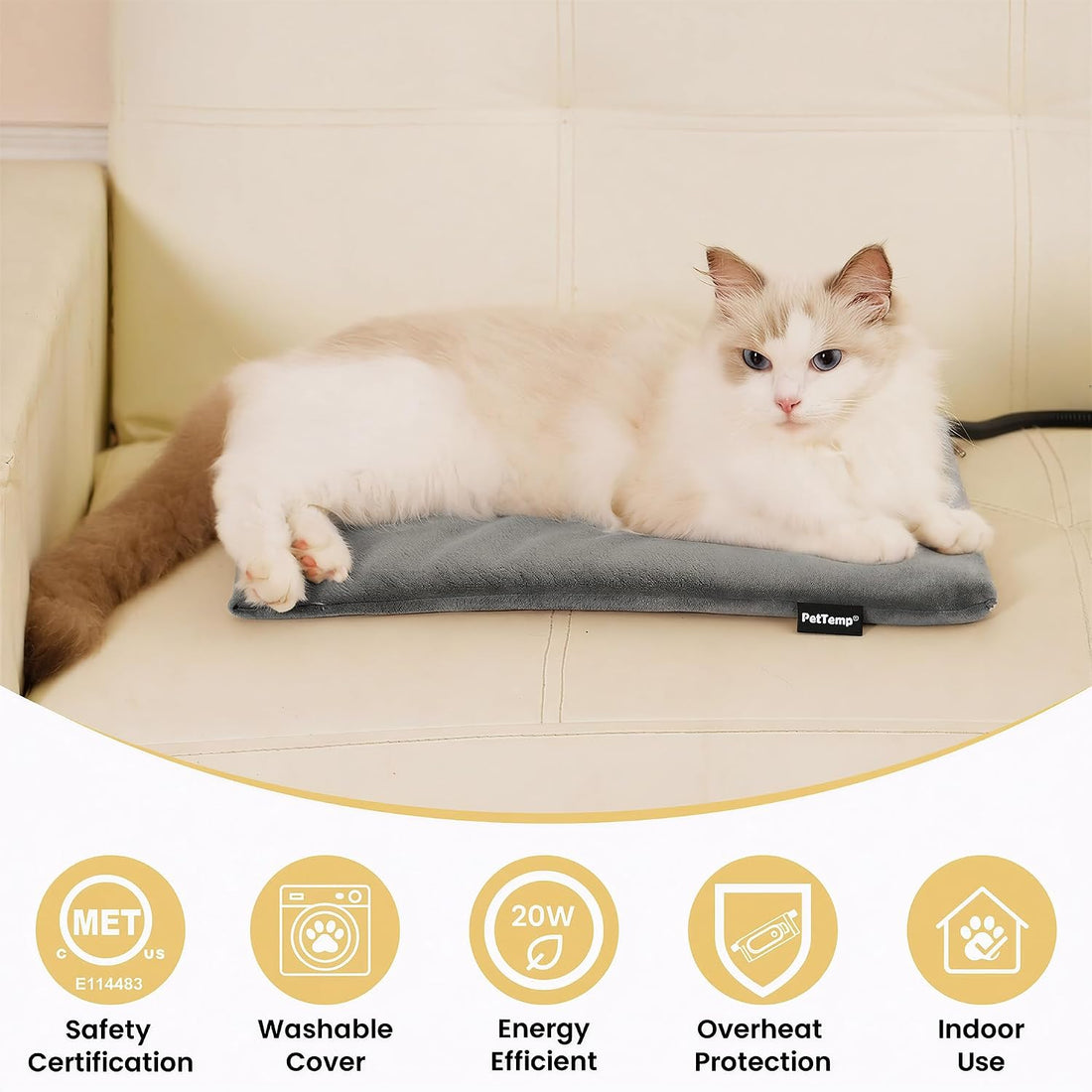 Cat Heating Pad, Heated Cat Bed, MET Safety Listed, Constant Warmth