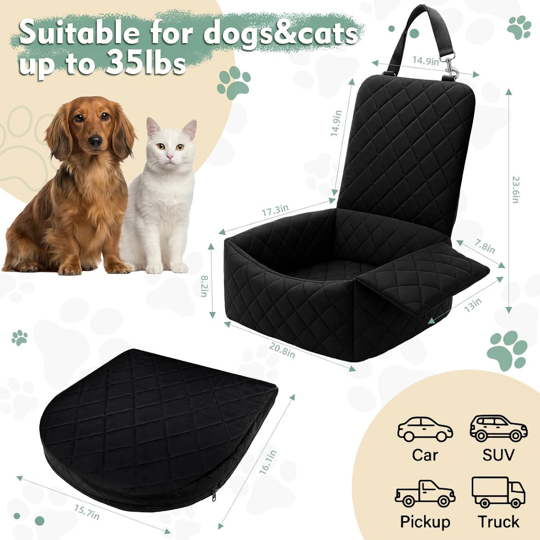 Dog Car Seat with Foldable Armrest for Small/Medium Dogs