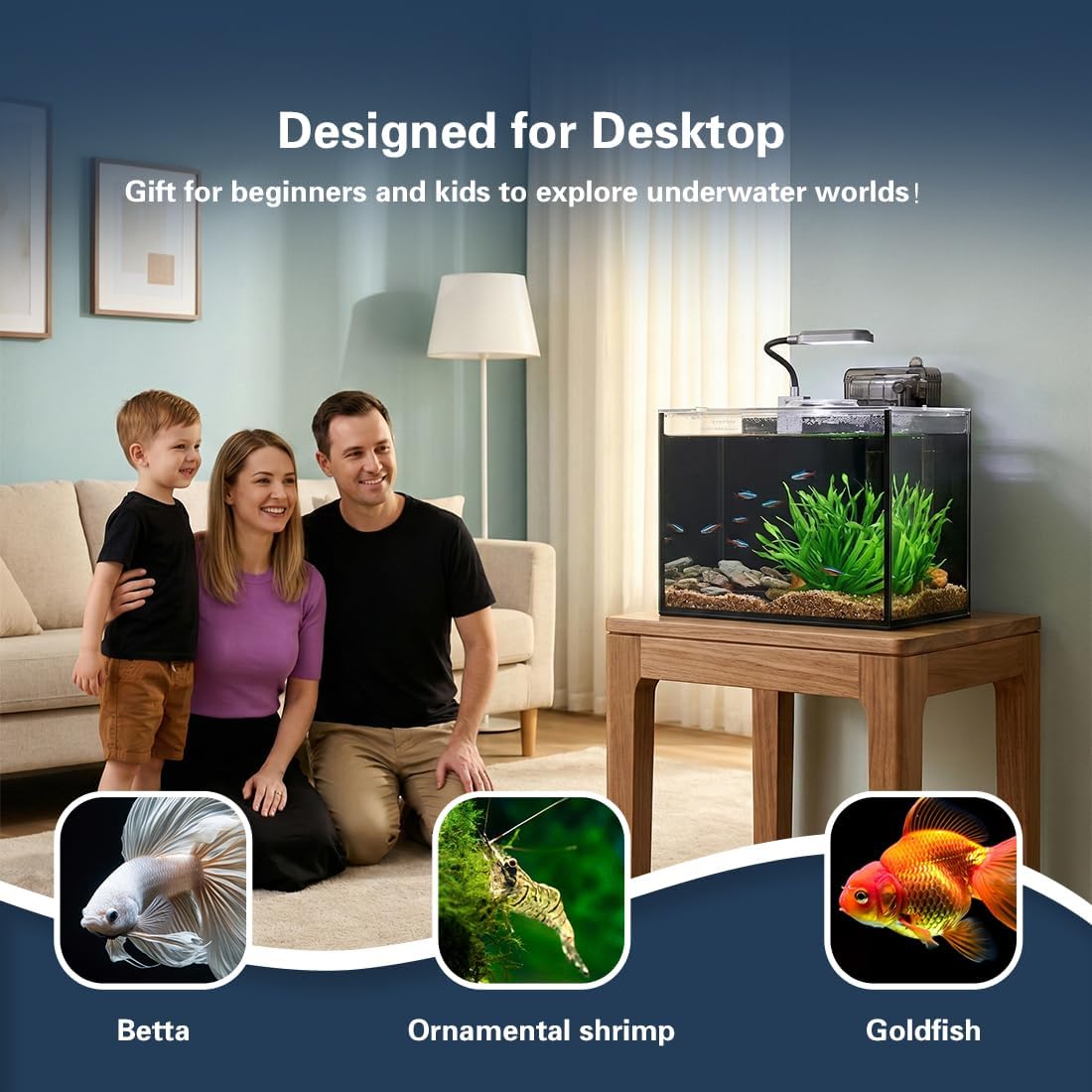 1.8 Gallon Fish Tank with Light,Filter,Lid,Landscape Accessories