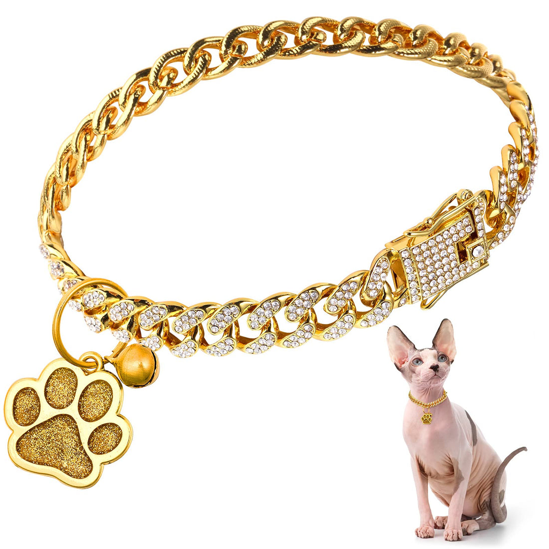 Hillban Cat Collar Diamond Chain Glitter Collar Walking Metal