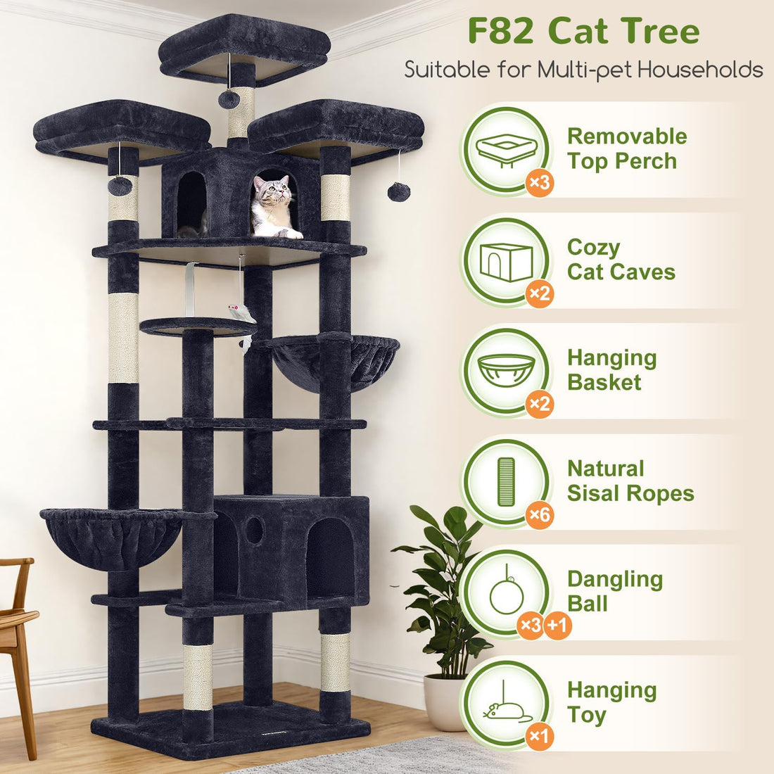 Globlazer Cat Tree Tower for Multiple Adult Cats, 82in, F82