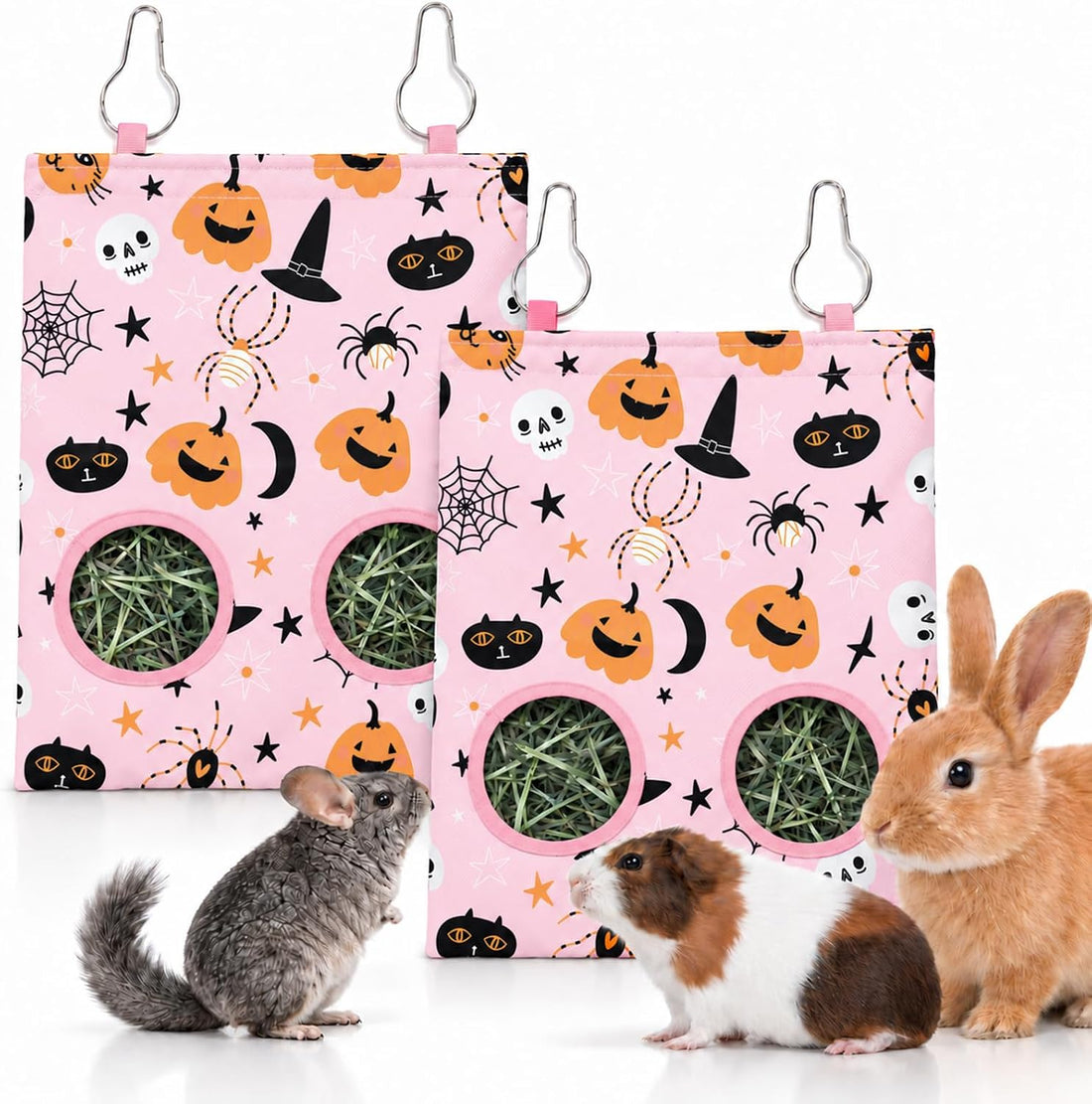JarThenaAMCS 2Pcs Rabbit Hay Feeder Bag with 2 Holes, Pink Halloween