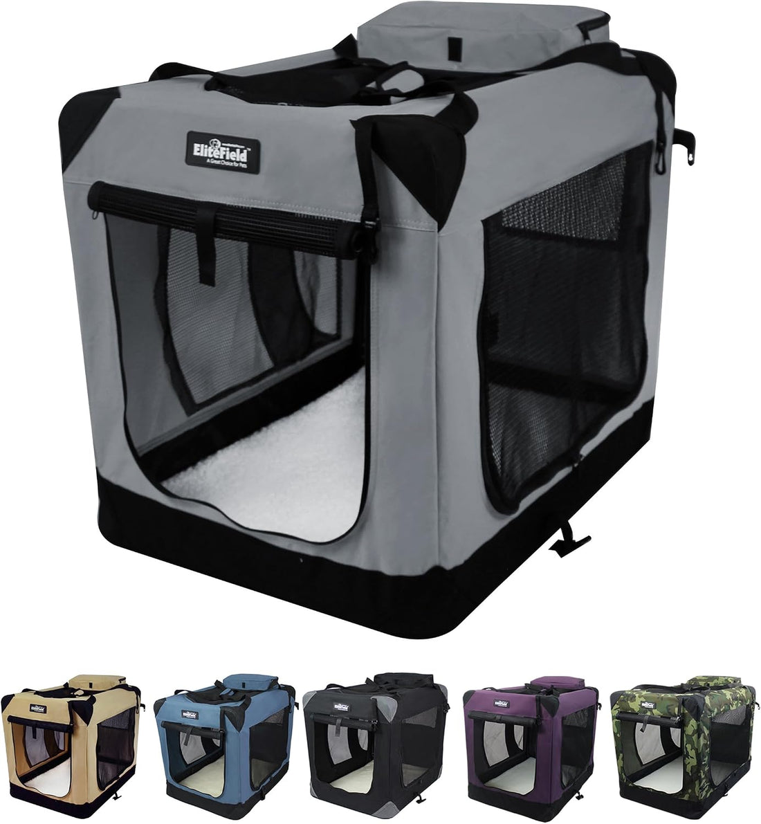EliteField 3-Door Soft Dog Crate with Bed & Carrying Bag