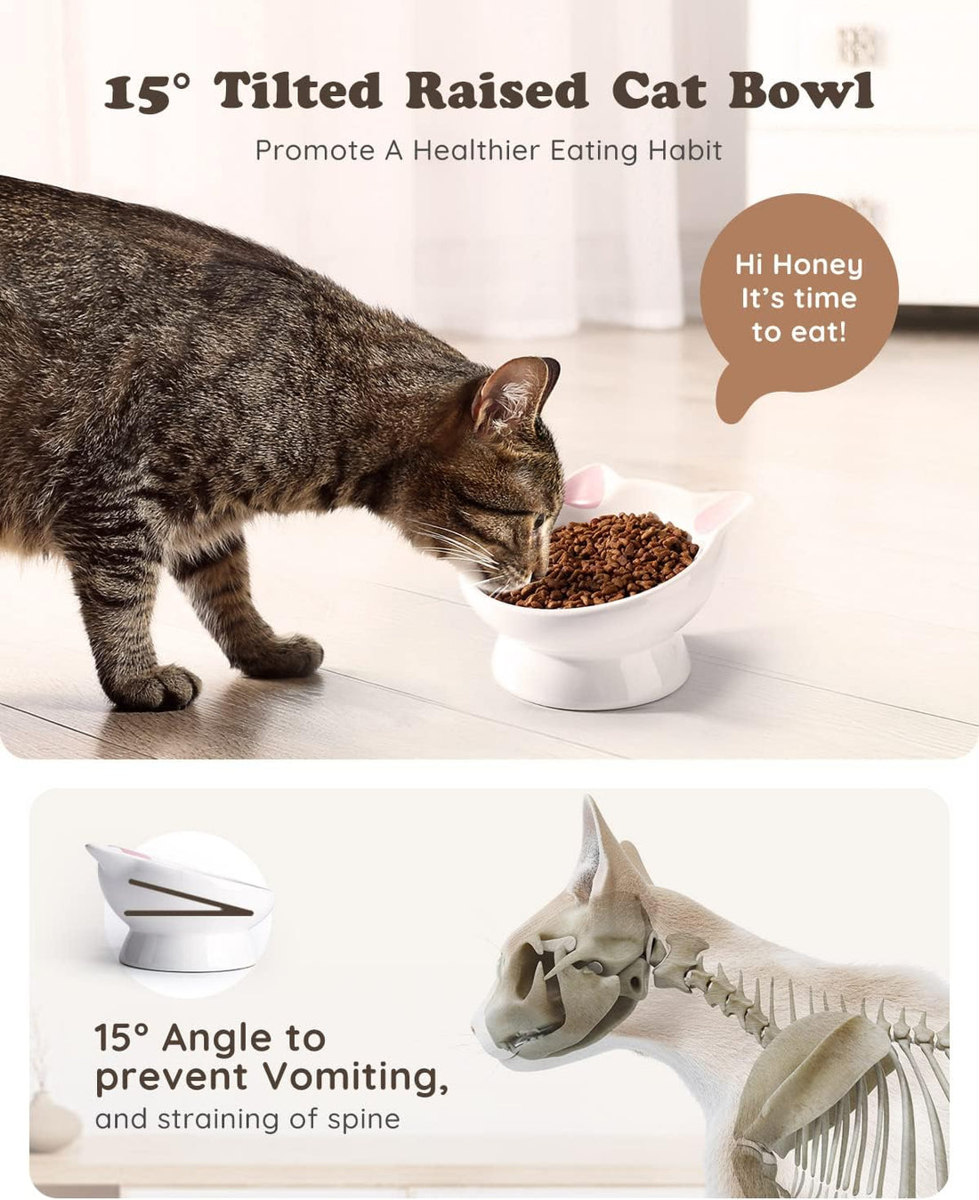Raised Ceramic Cat Food Bowl, Tilted for Neck Comfort