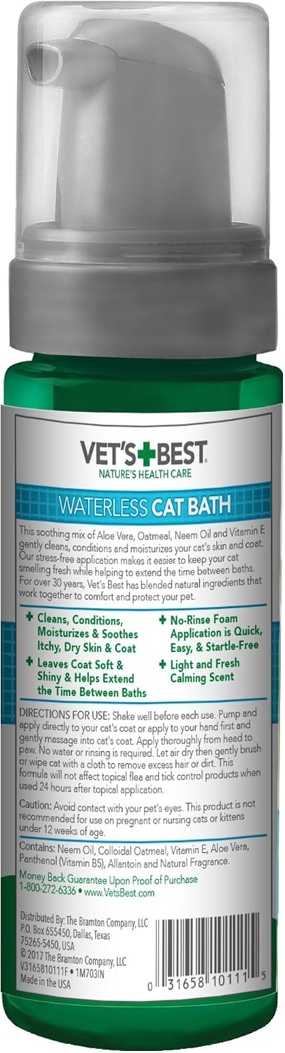 Vet's Best Waterless Cat Bath, No Rinse Waterless Dry Shampoo for Cats