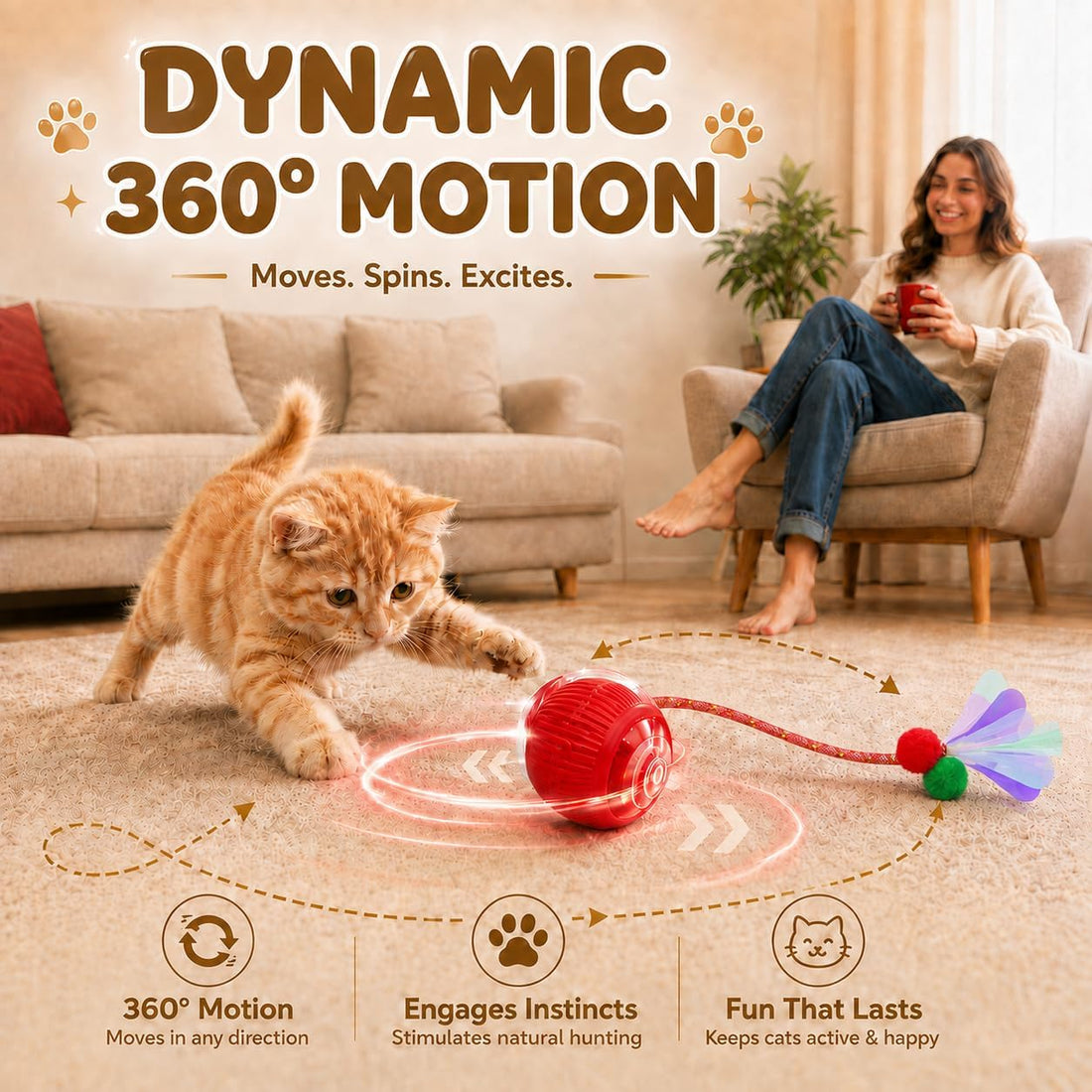 Pack-4 Interactive Cat Toys, Motion-Activated Rolling Ball with Shiny