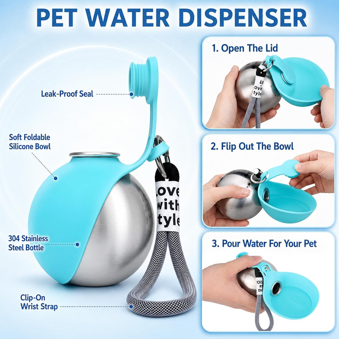 2 in 1 Portable Dog Water Bottle for Dogs,10oz Stainless Steel