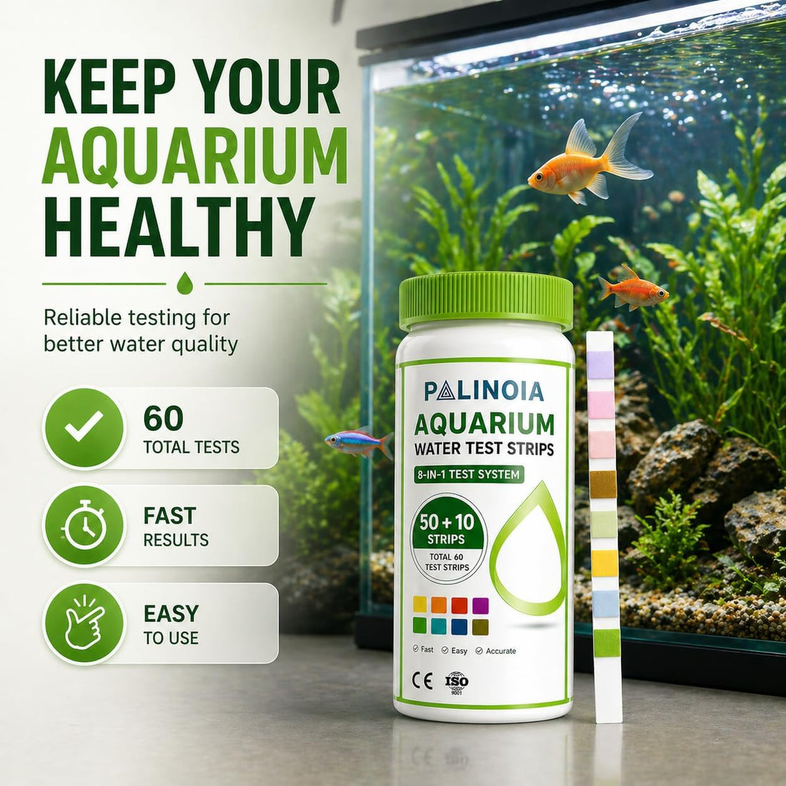Palinoia 8-in-1 Aquarium Water Test Strips, 60 Count