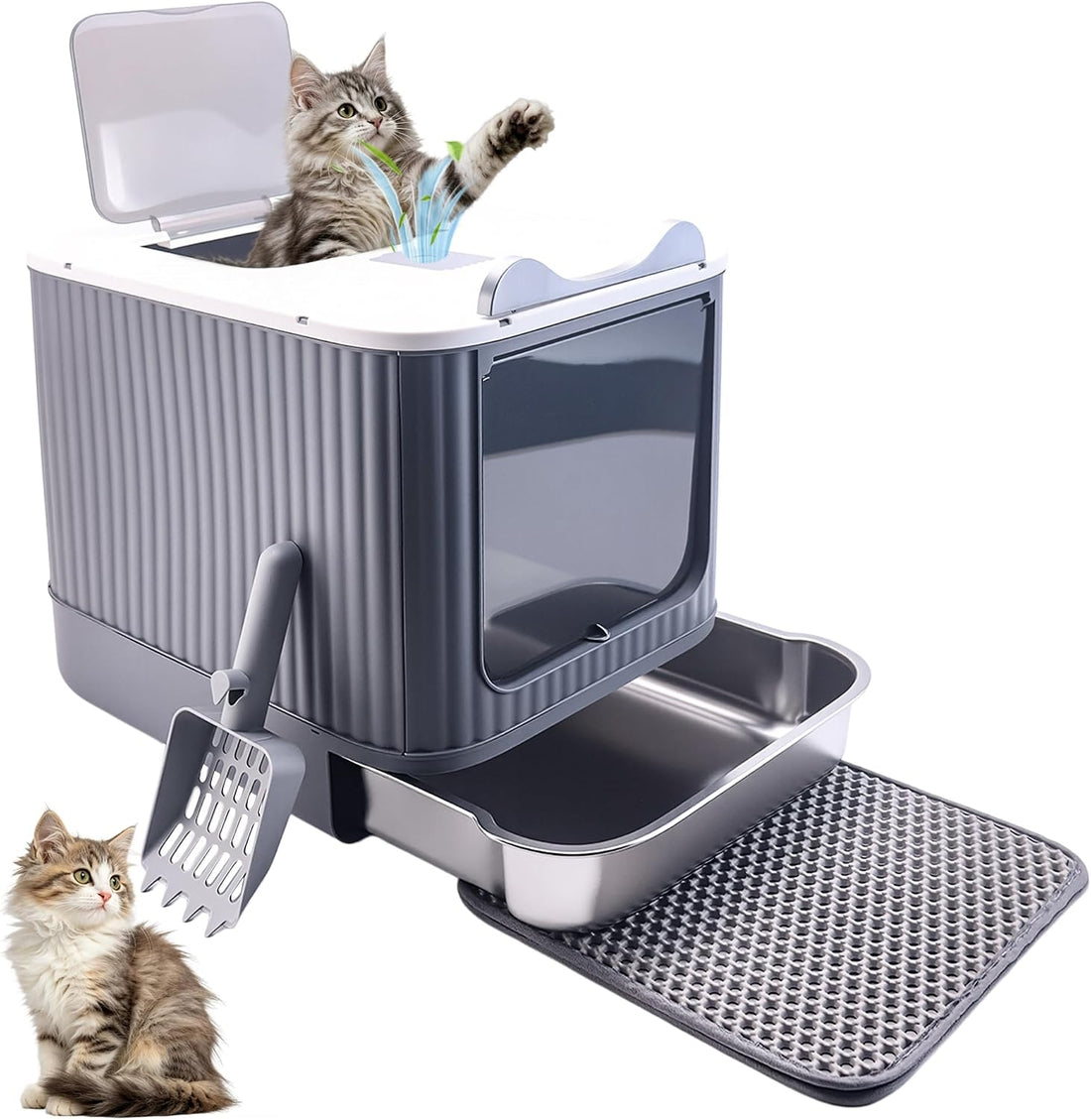 Stainless Steel Cat Litter Box Enclosed, Small, Dual Entry