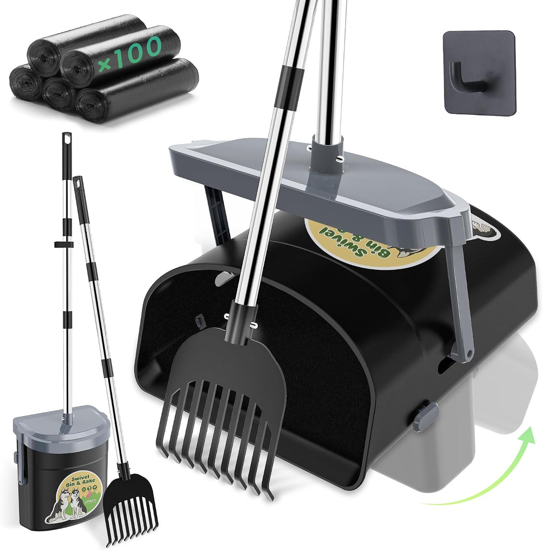 UPSKY 33.4" Dog Pooper Scooper Swivel Bin & Rake Kit with 100 Waste