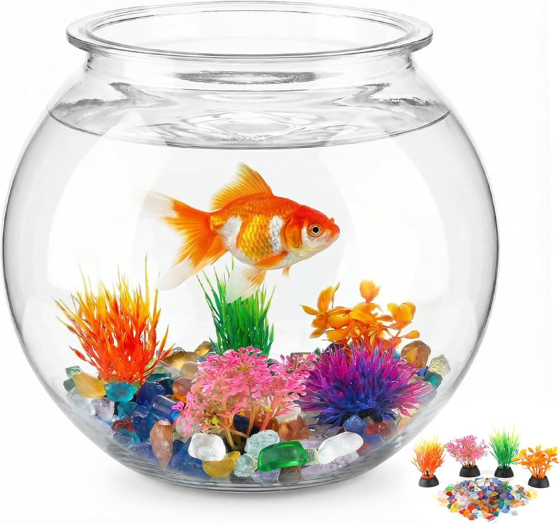 1 Gallon Clear Plastic Fish Bowl Set with 5 Artificial Plants