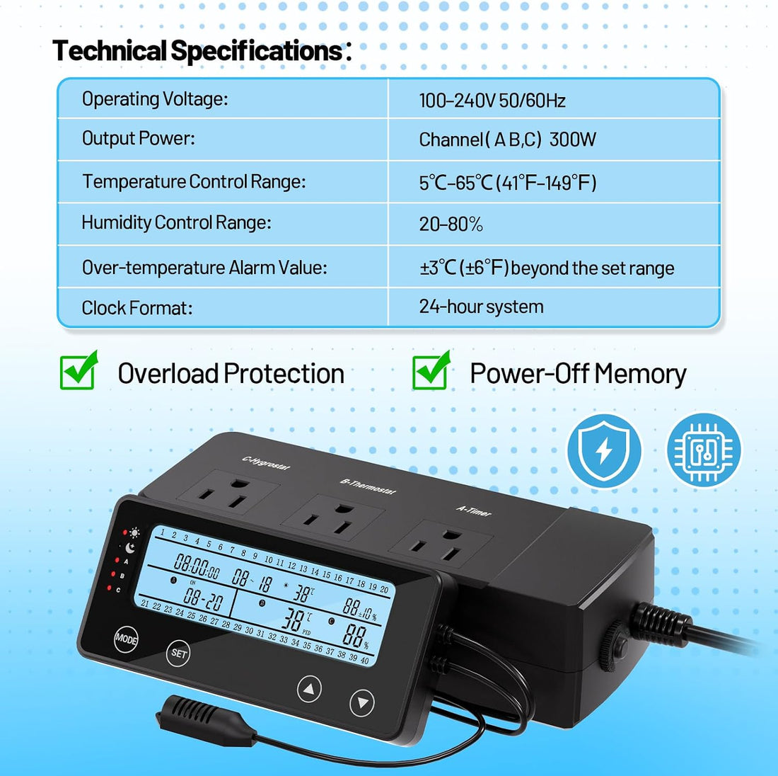 3-Channel Reptile Thermostat & Hygrostat with 40 Preset Modes