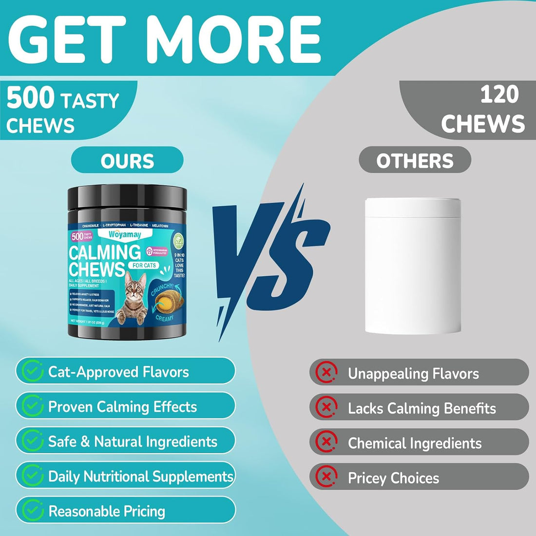 Woyamay Cat Calming Treats, 500 Crunchy & Creamy Calming Chews