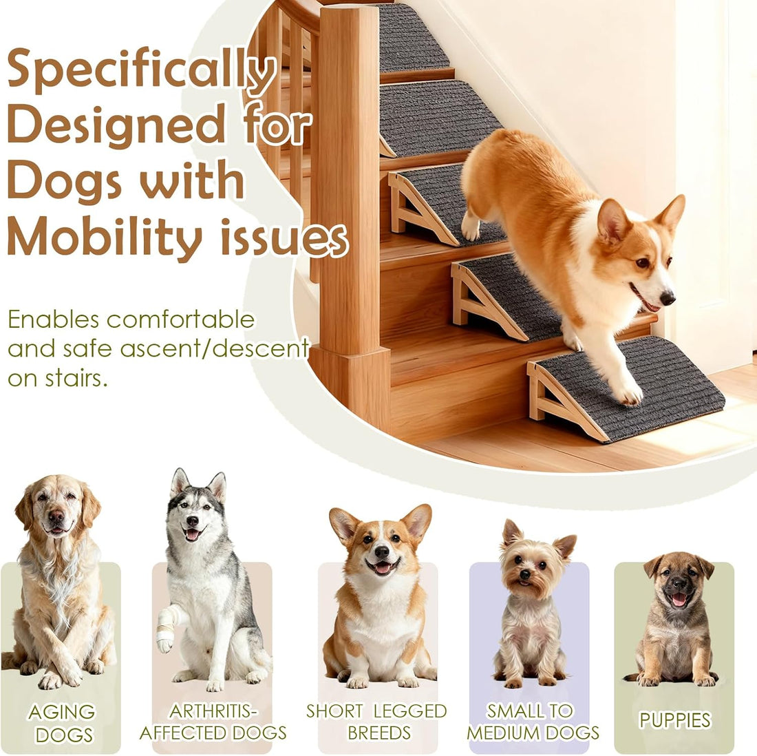 Dog Stairs Ramp for Small & Aged Dogs, Wooden Anti-Slip Pet Steps