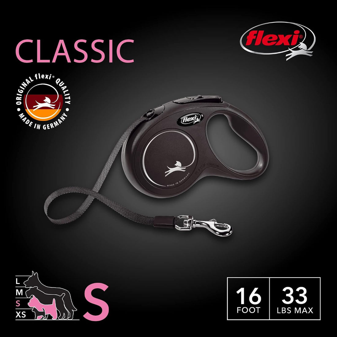FLEXI® Classic Tape Retractable Dog Leash, Small, 16 ft - Black