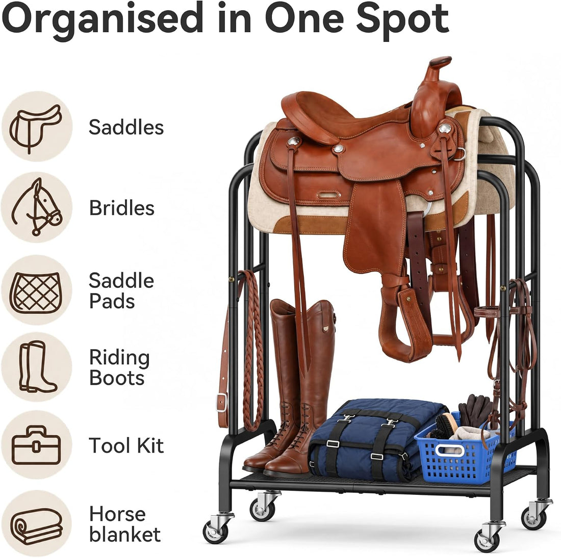 Rolling Saddle Rack Cart, 150 lb Saddle Stand for Western & English
