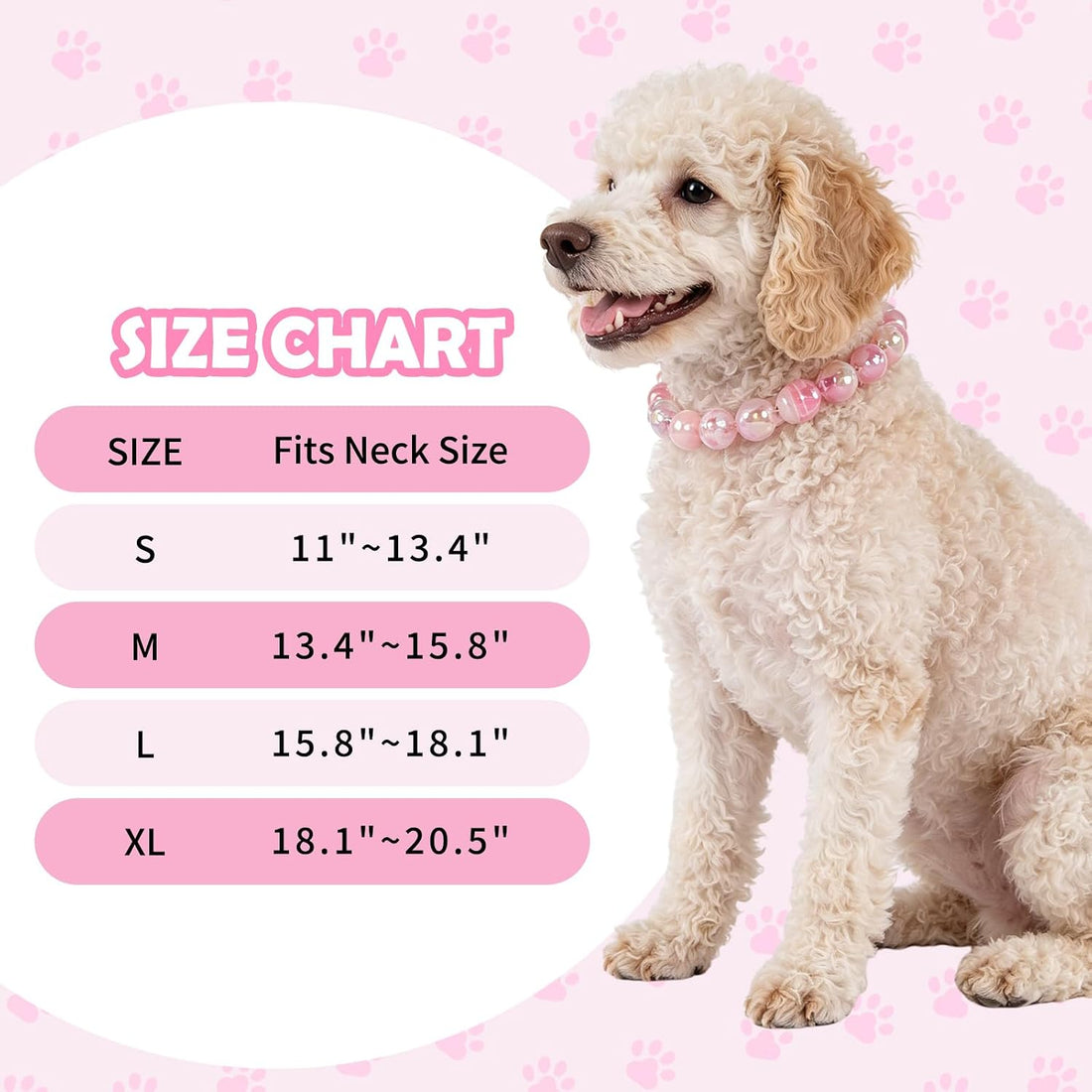 16mm Glitter Dog Beaded Necklace, Adjustable Leather Buckle (Pink, S)