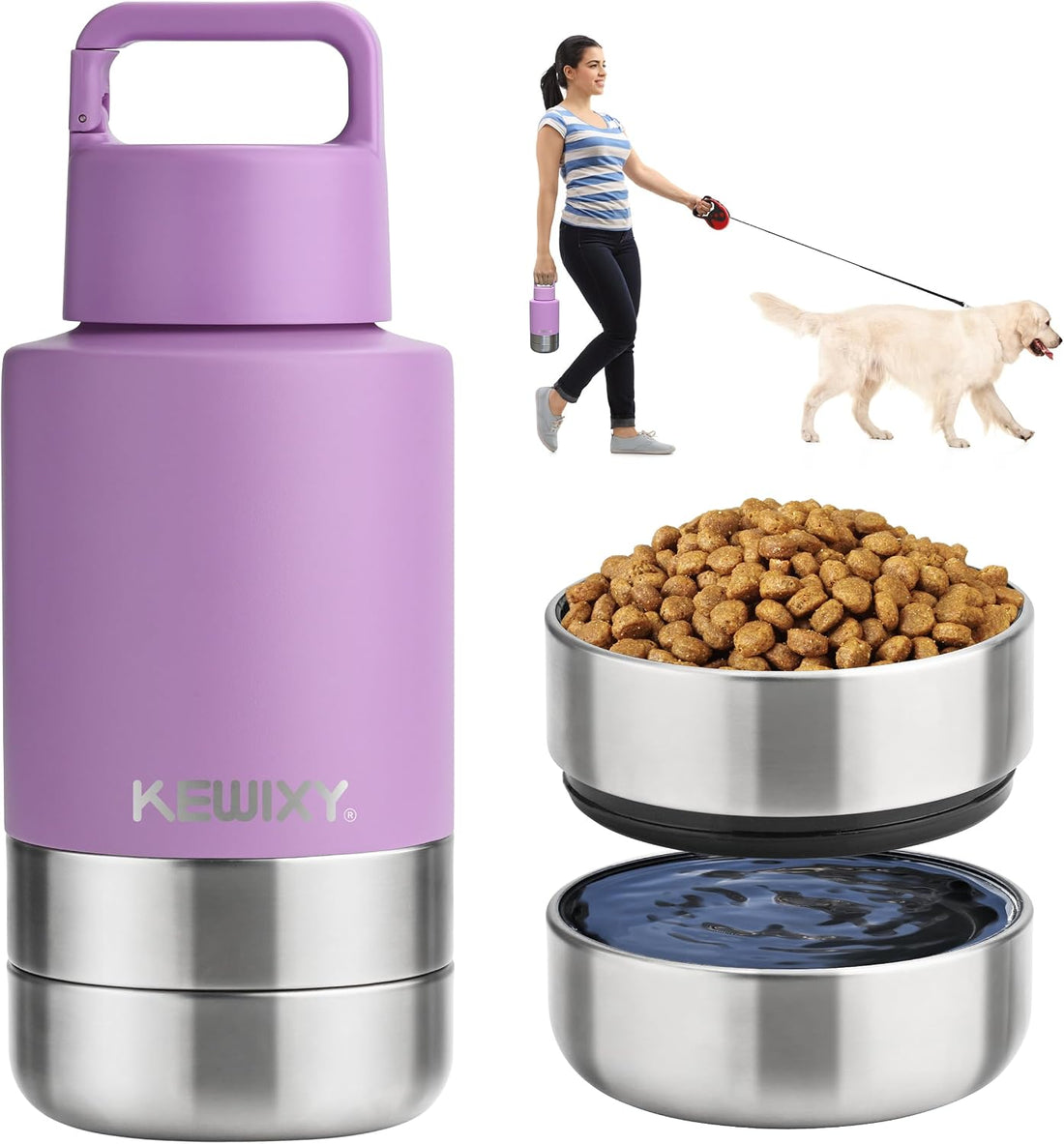 KEWIXY Insulated Dog Travel Water Bottle With Detachable Bowls
