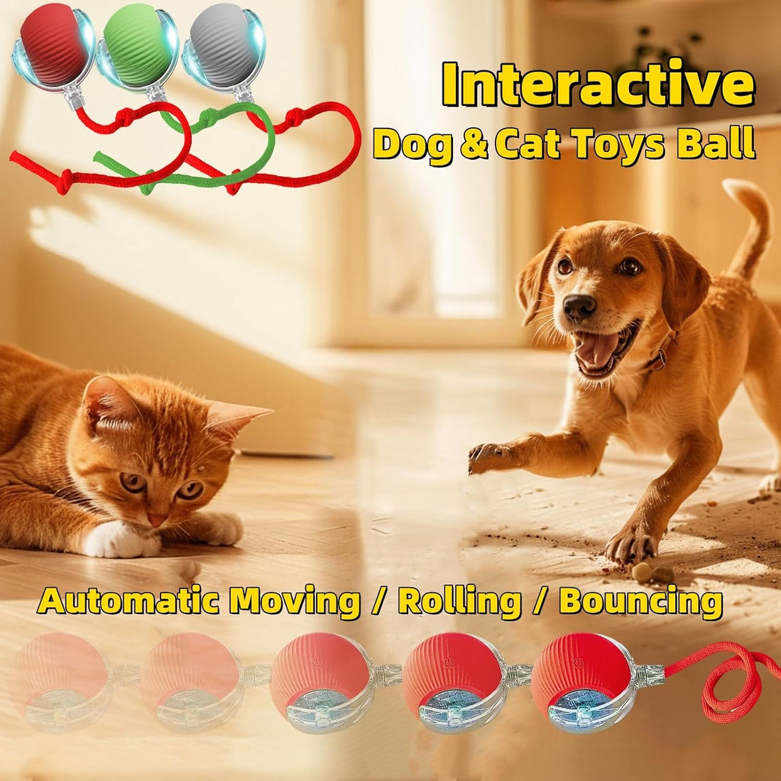 Interactive Dog Cat Toy Ball, Automatic Moving Bouncing Rolling